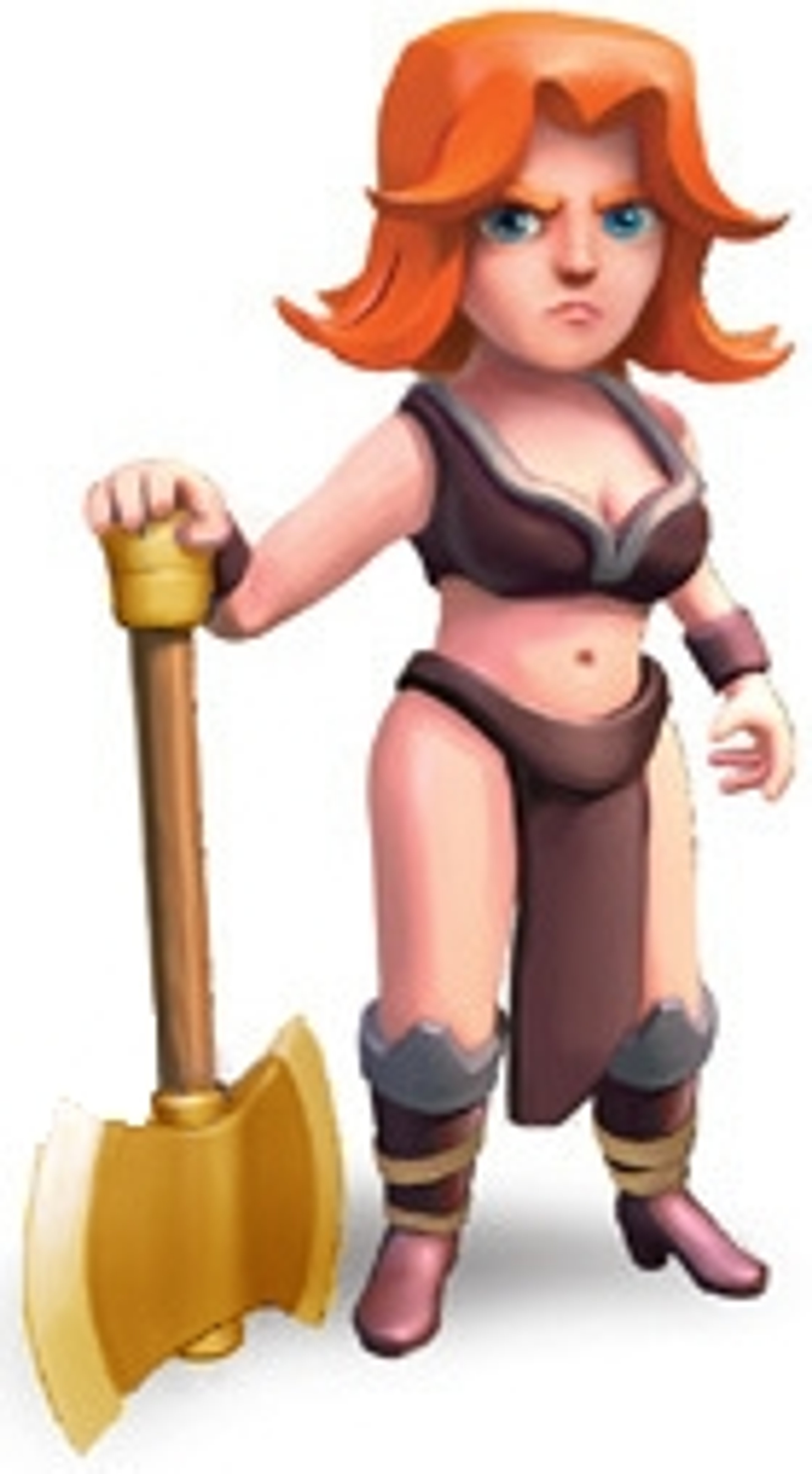 A fierce, orange-haired warrior woman wielding a large double-bladed axe