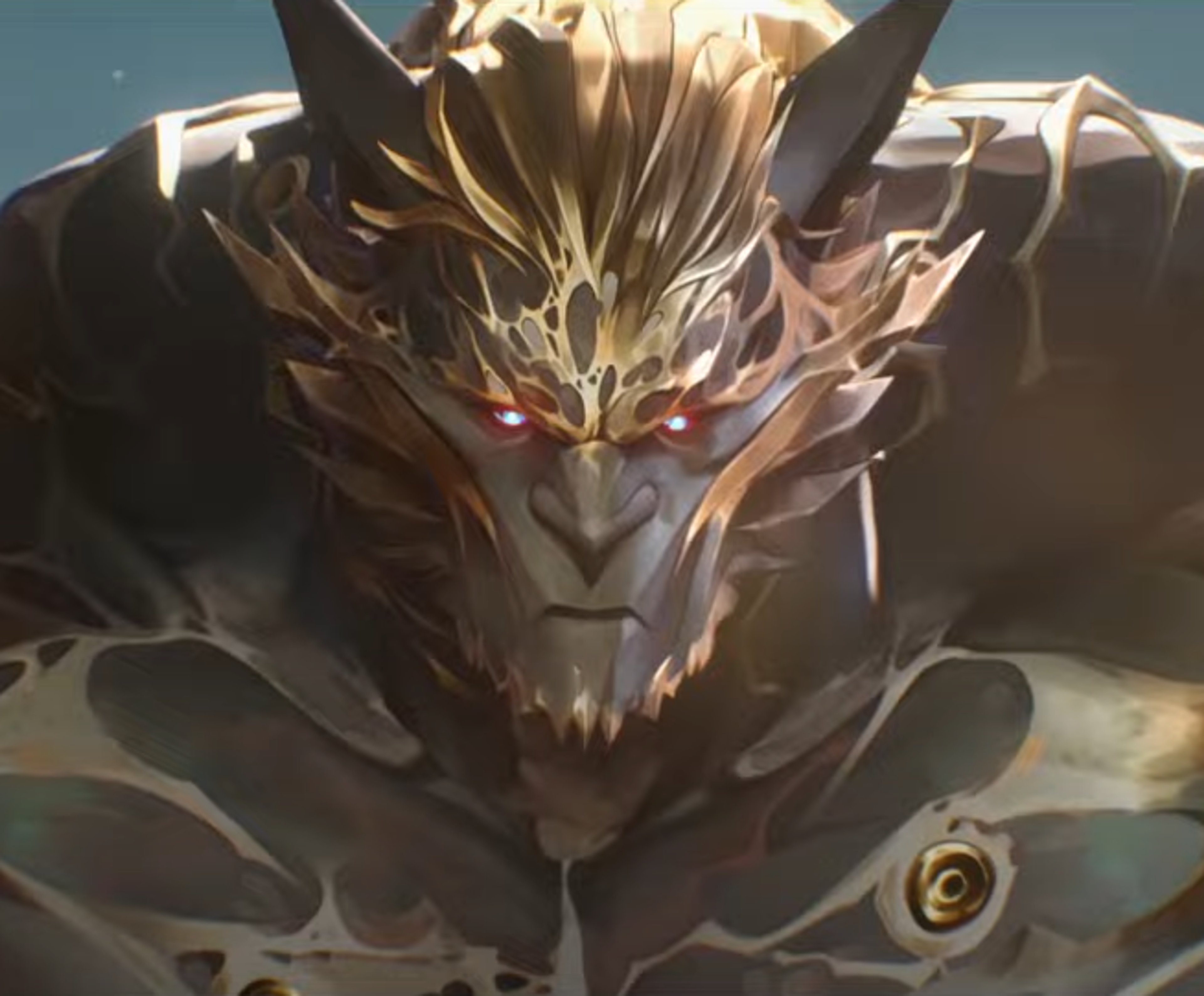 A monstrous, demonic-looking character with sharp features, glowing red eyes, and thick, scaly armor-like skin.