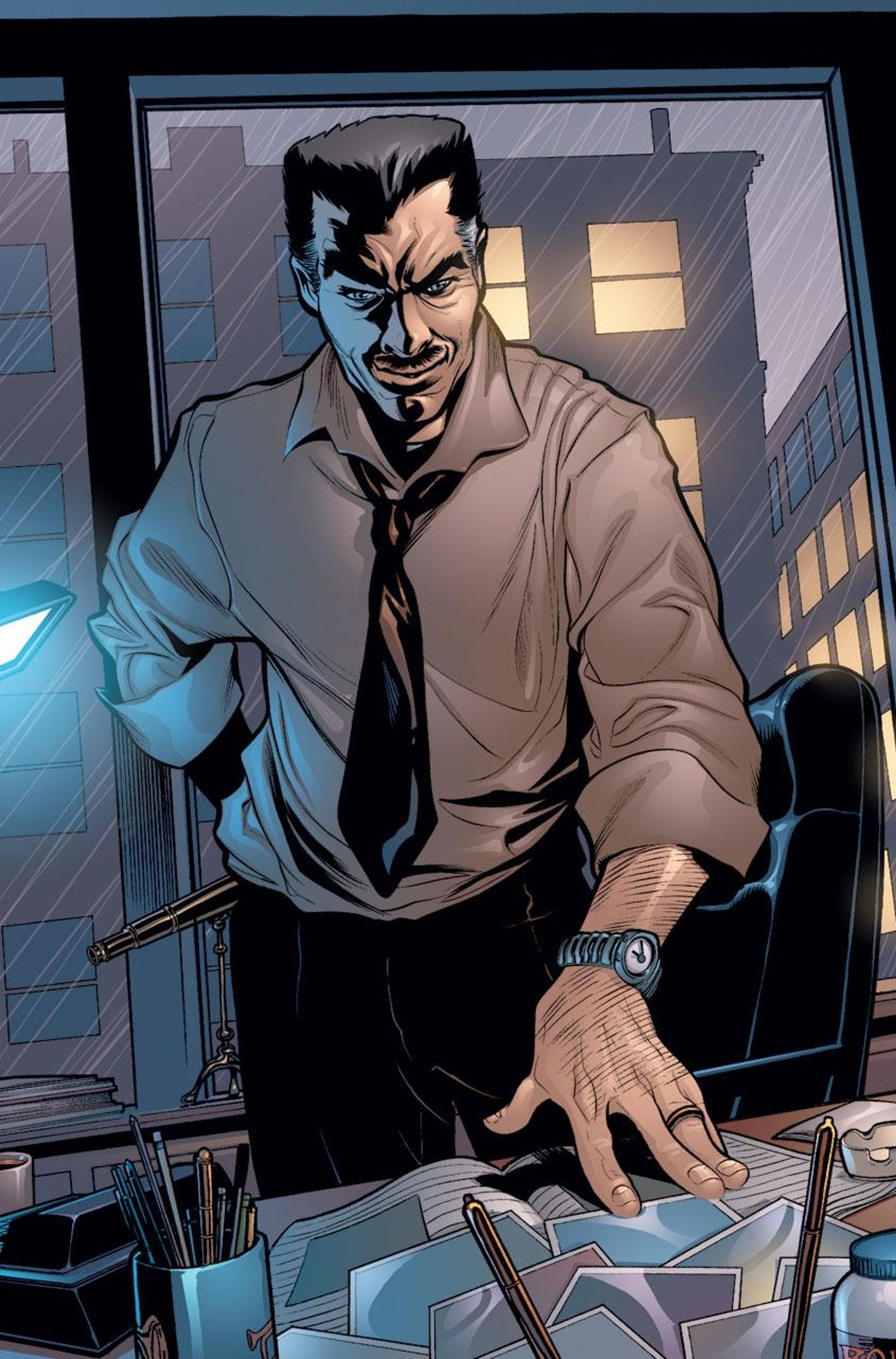 A middle-aged man in a suit and tie, with a stern expression, in an office setting
