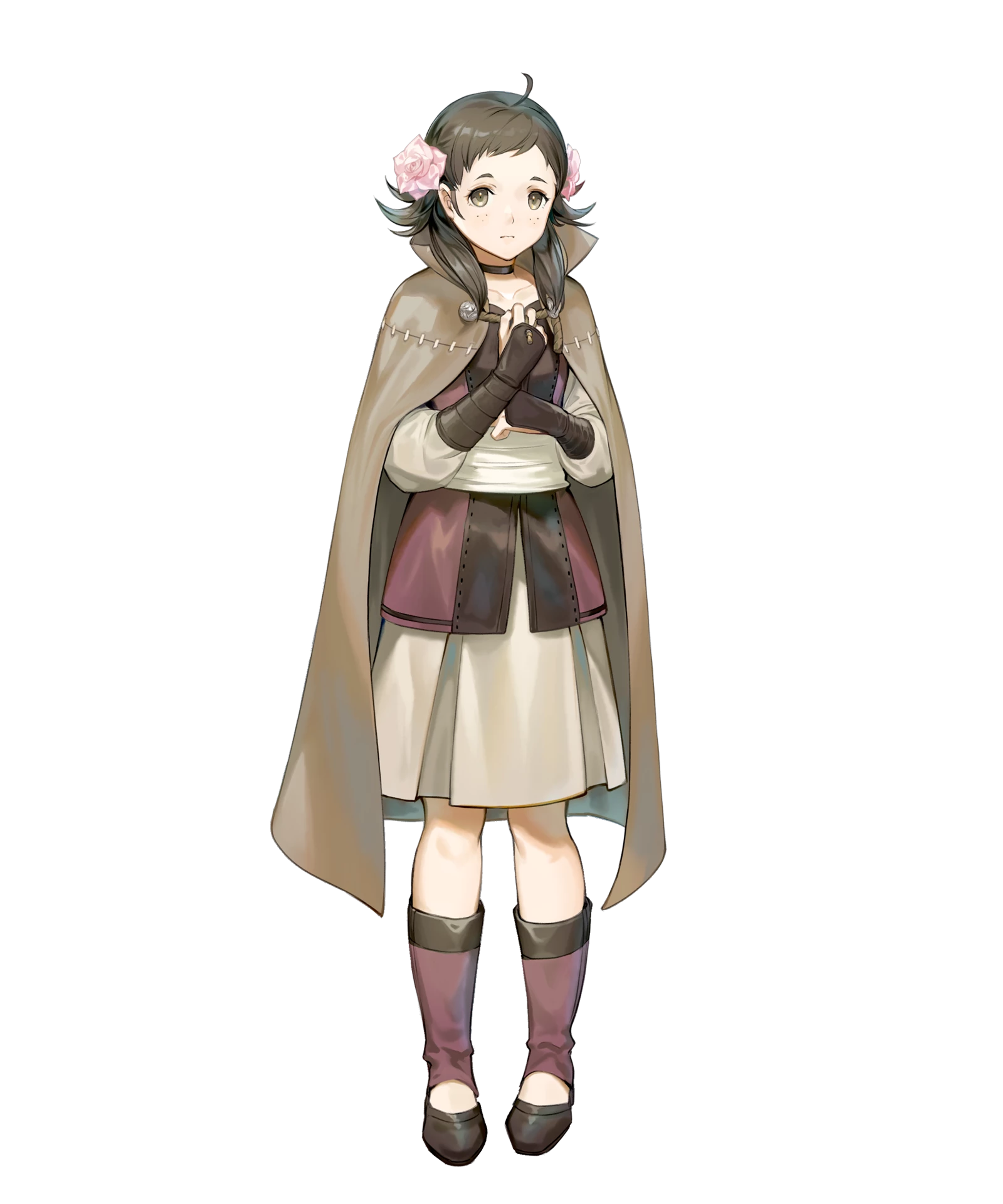 A young woman with long brown hair wearing a simple outfit of a white top, brown cloak, and pink skirt. She has a meek expression but a determined look.