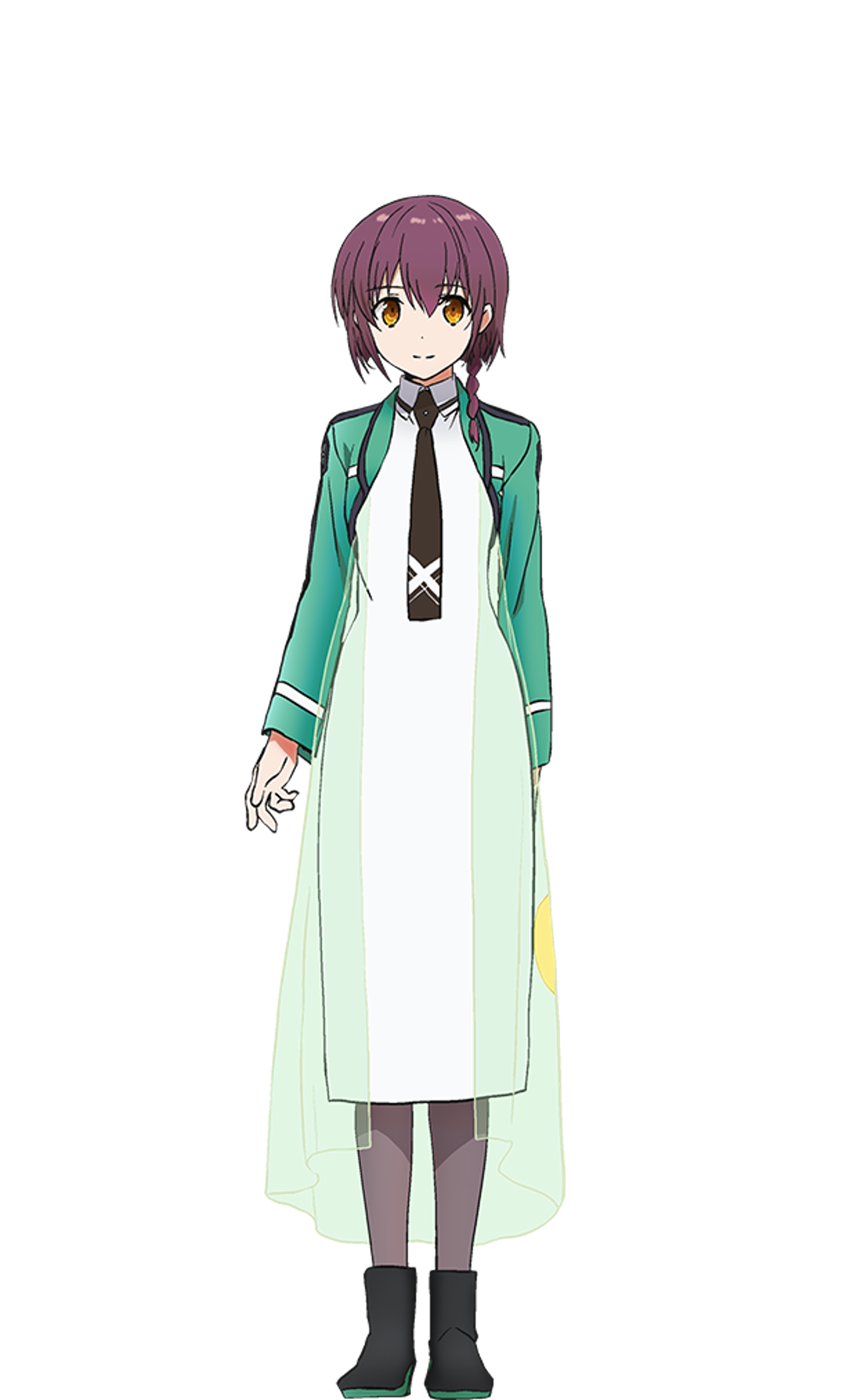 A young woman with purple hair and golden brown eyes wearing a green coat and white dress