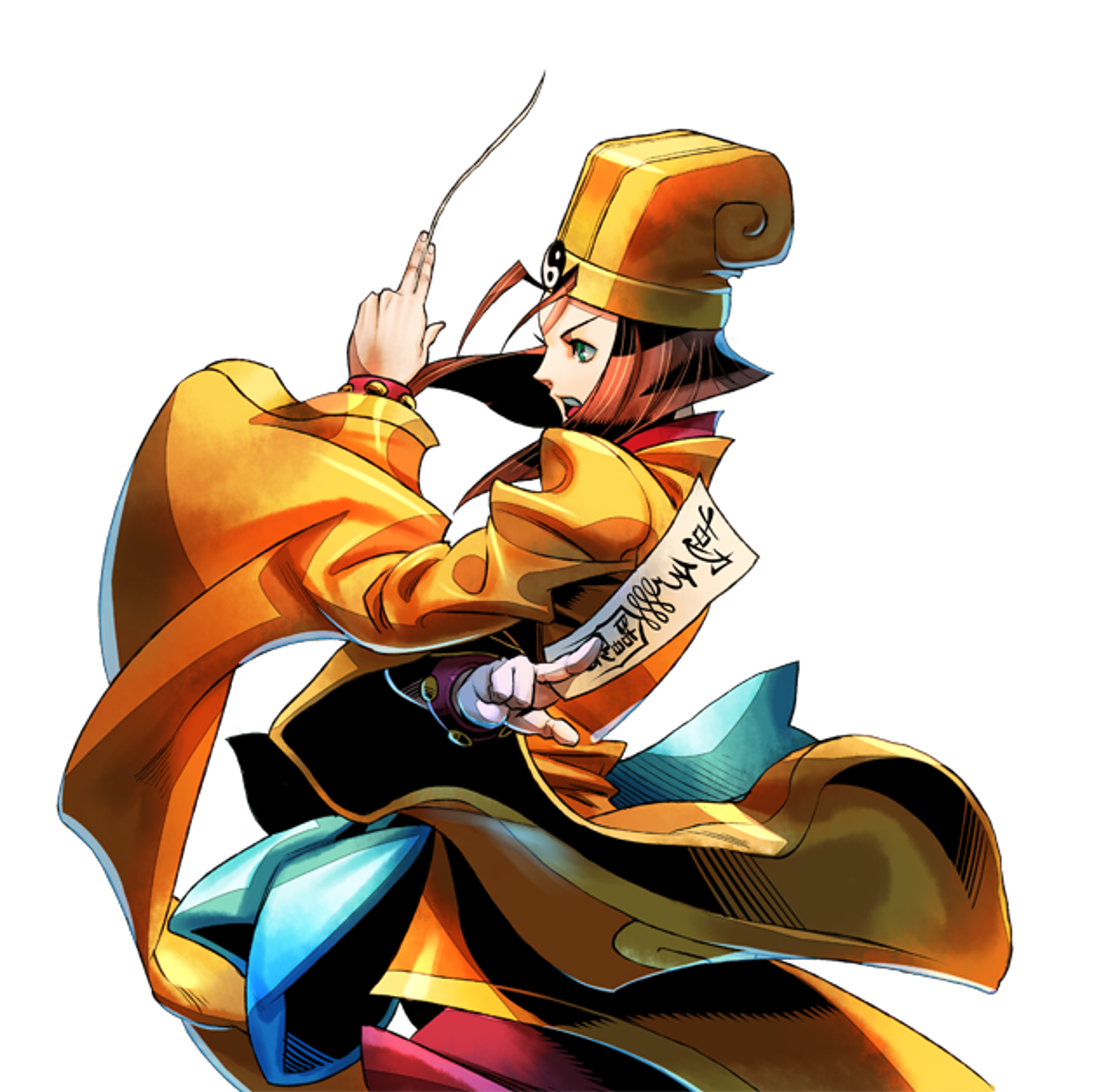 A young Asian woman in traditional Chinese clothing holding a talisman or ofuda