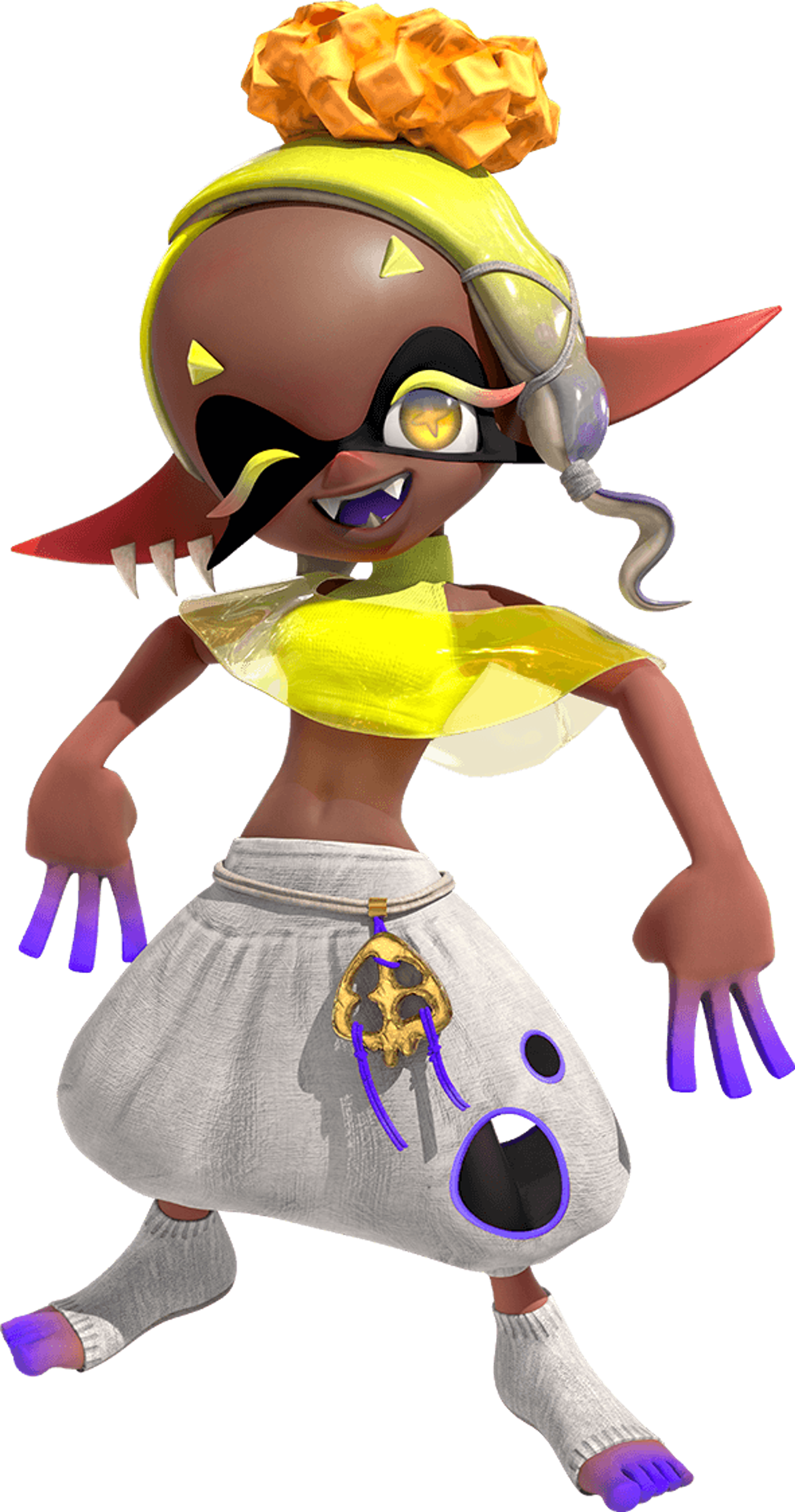 An Inkling character named Frye with a vibrant yellow and purple color scheme, long tentacle-like hair, and a unique headpiece.