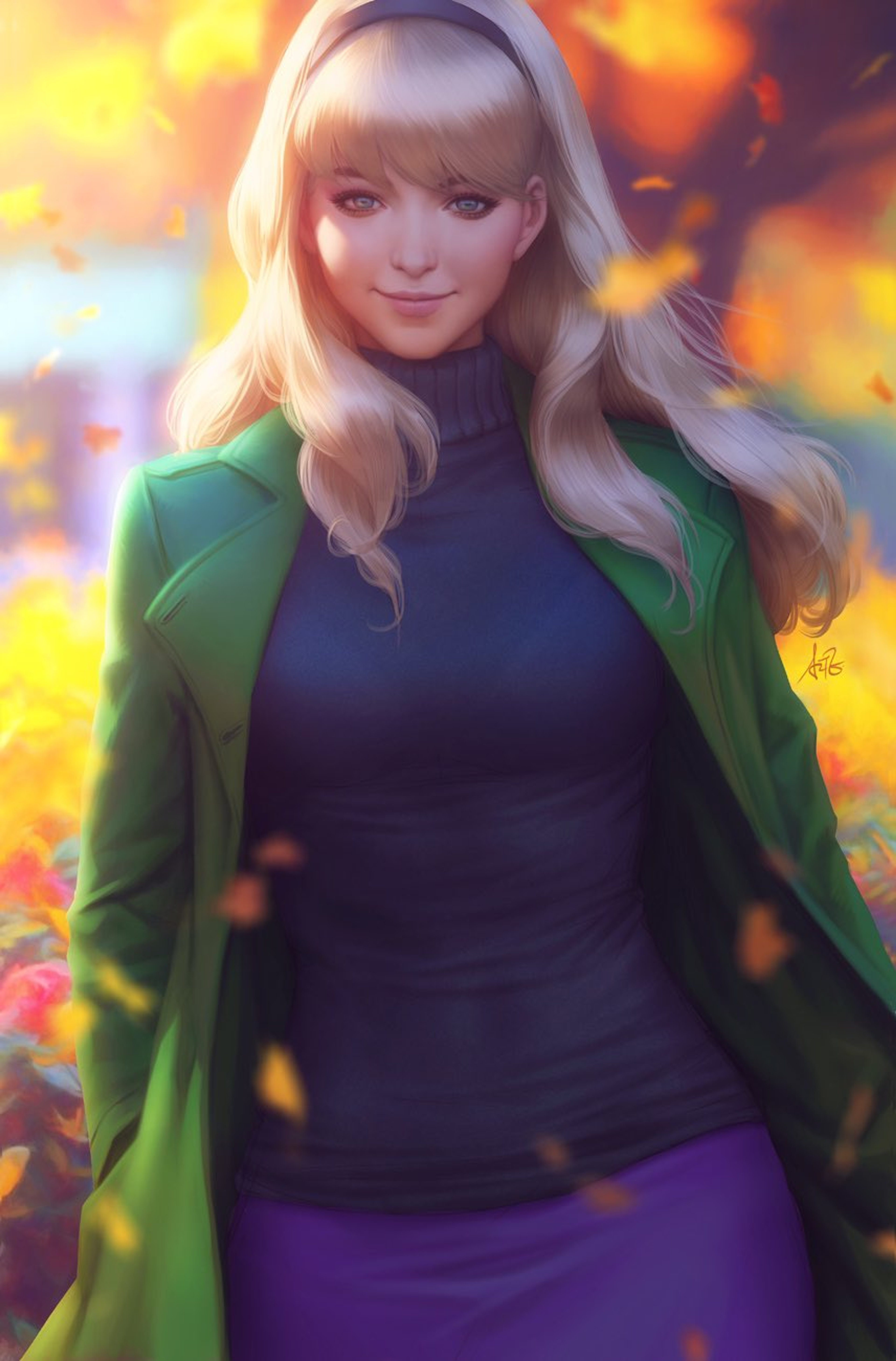 A young, blonde woman with a friendly expression wearing a green coat and purple outfit, standing in an outdoor setting with fall foliage.