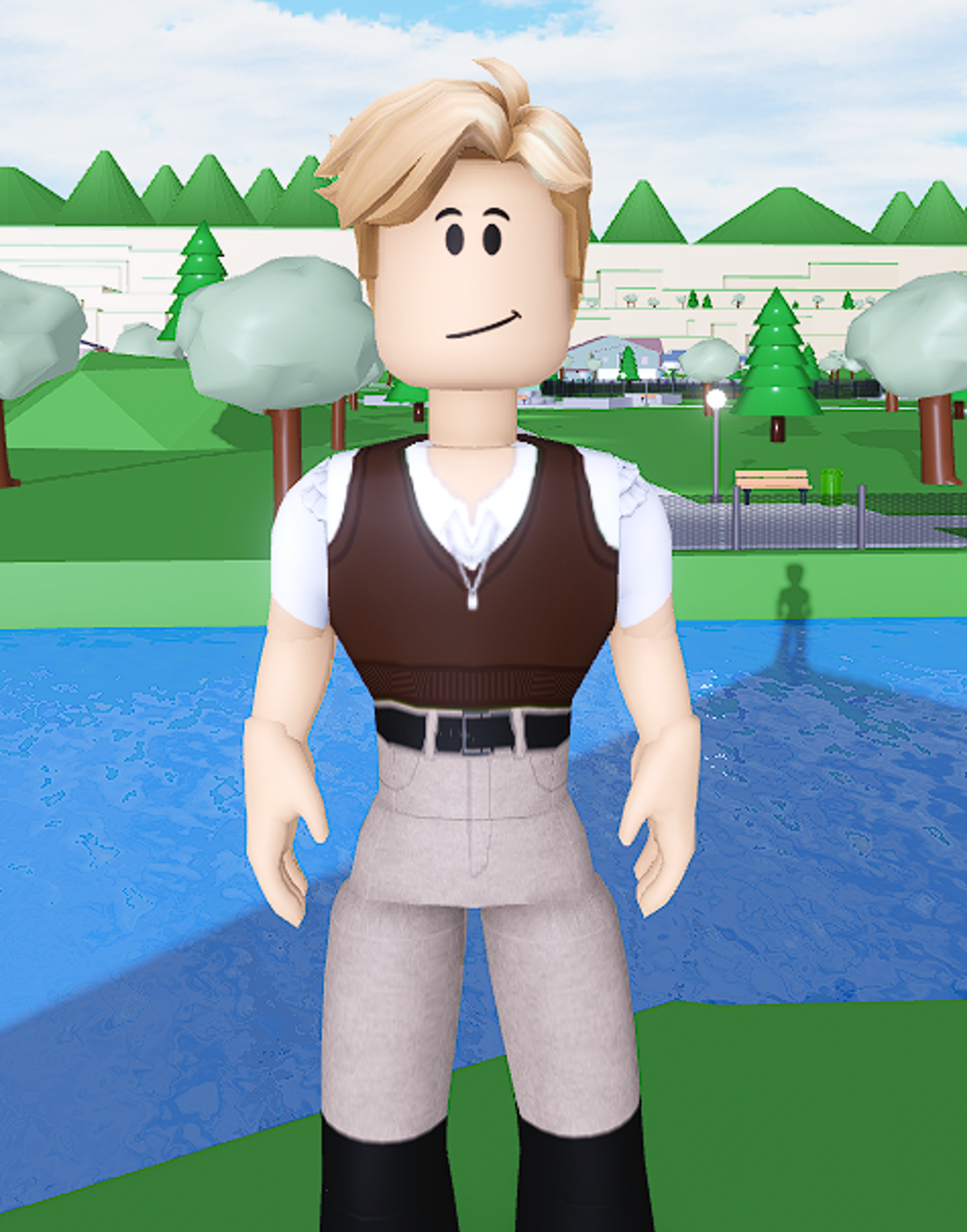 A cartoon character with blonde hair and a brown vest standing in a scenic outdoor setting