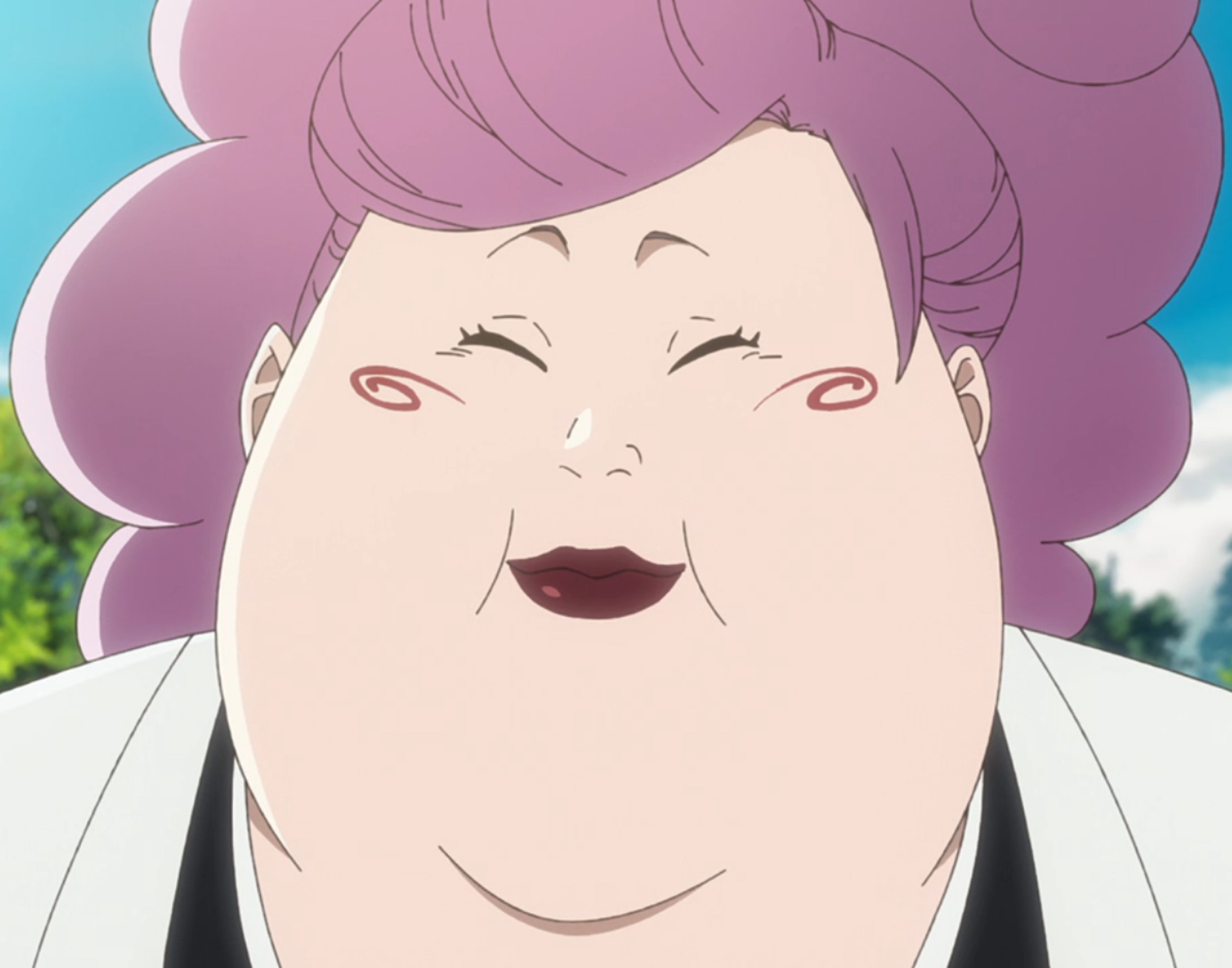 An animated character with long purple hair and green eyes, smiling cheerfully.
