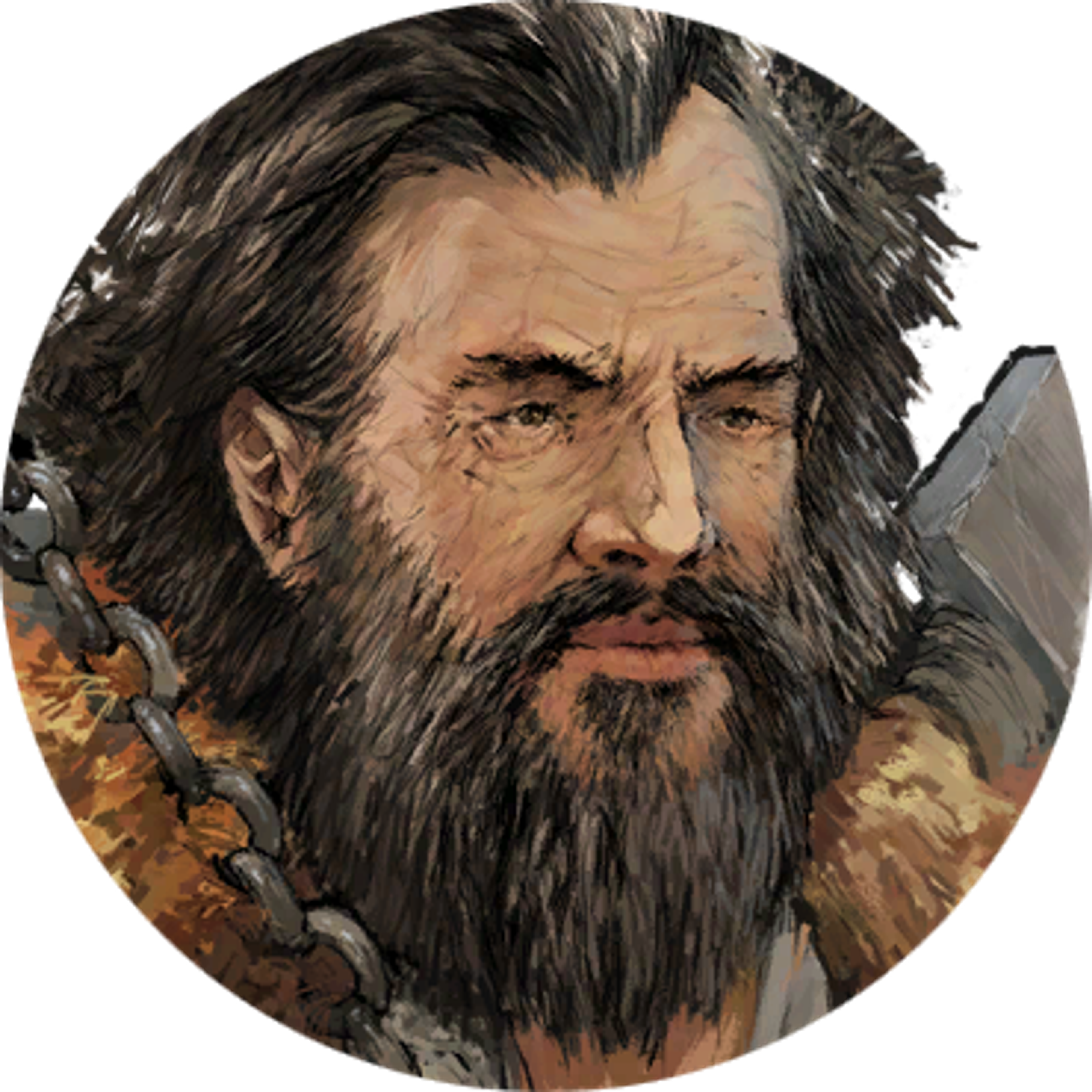 A grizzled, bearded man with a stern expression, holding a tool or weapon.