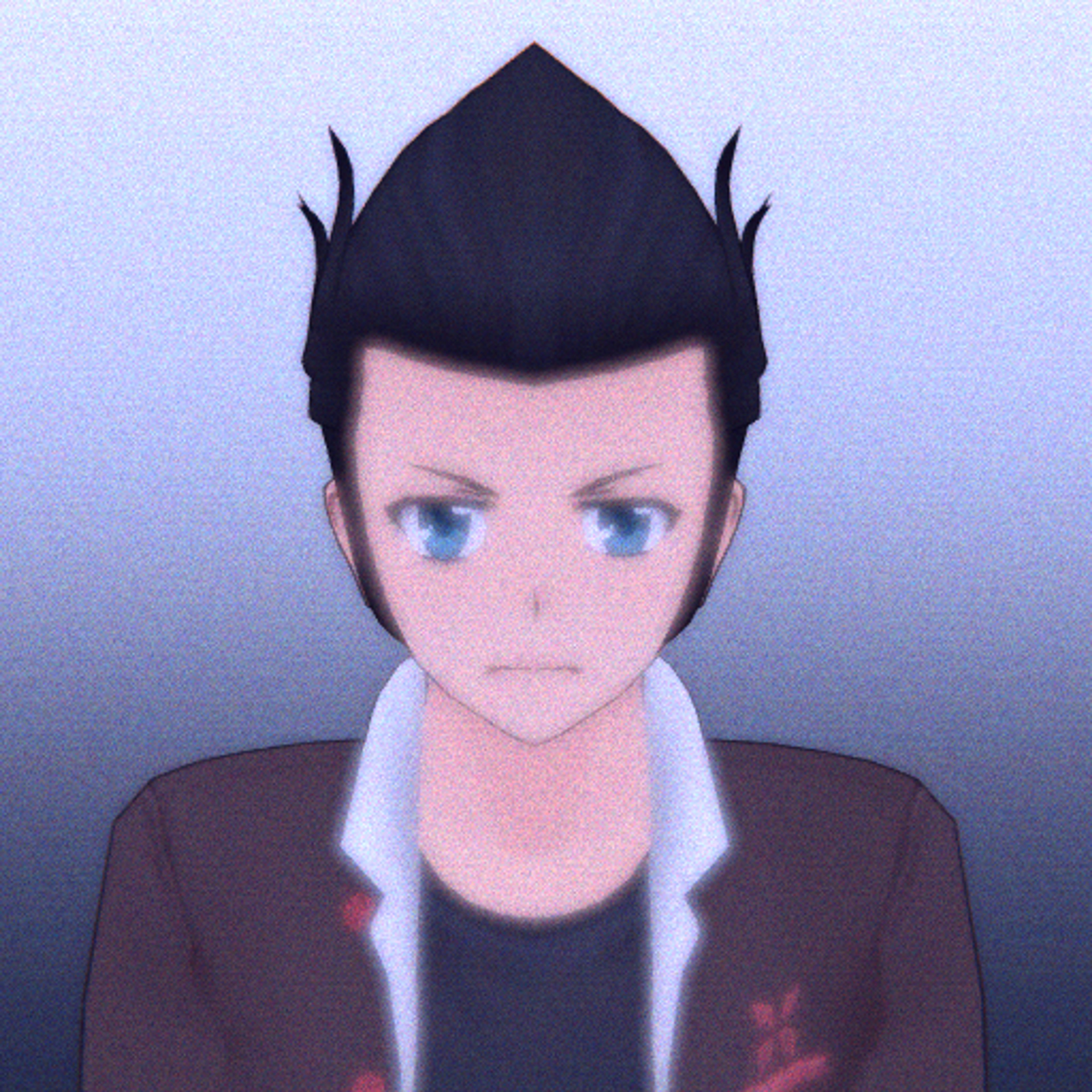 A male character with a triangular pompadour hairstyle wearing a school uniform