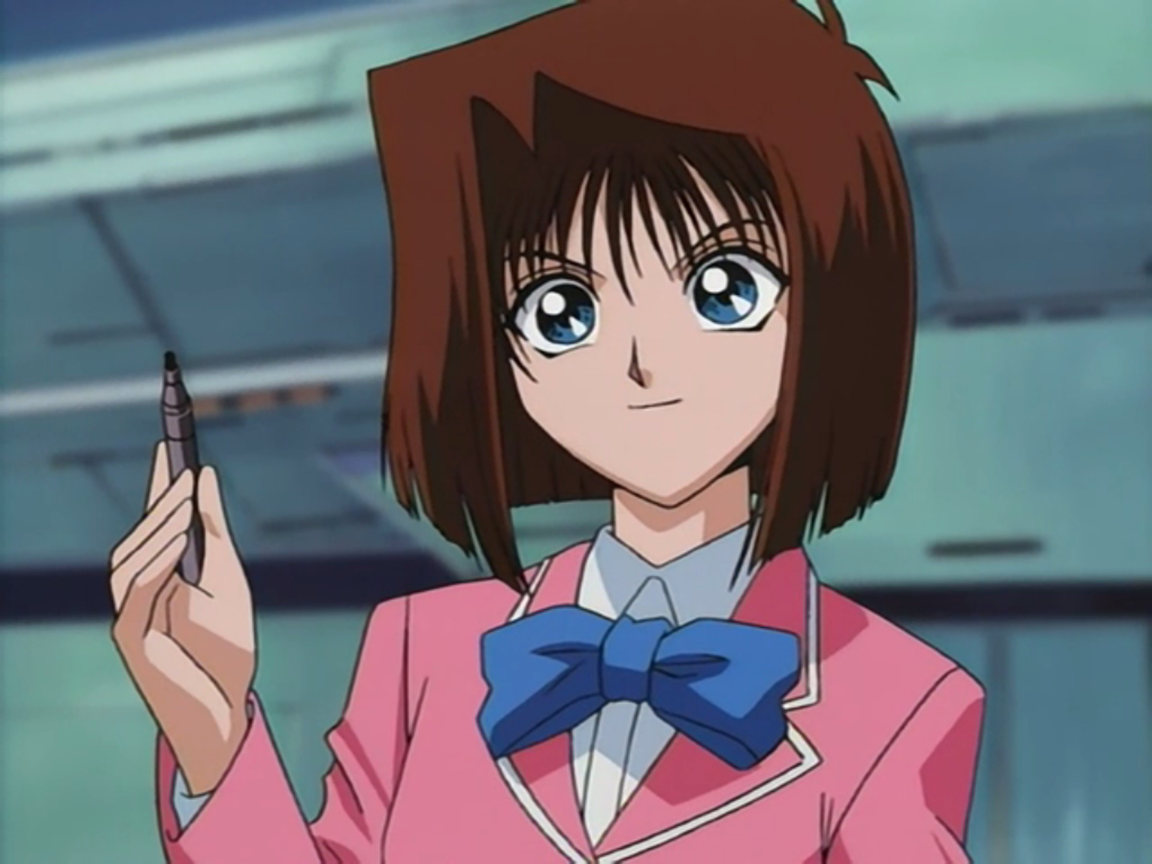 An anime-style character with short brown hair, large blue eyes, and a pink school uniform with a blue bow tie.