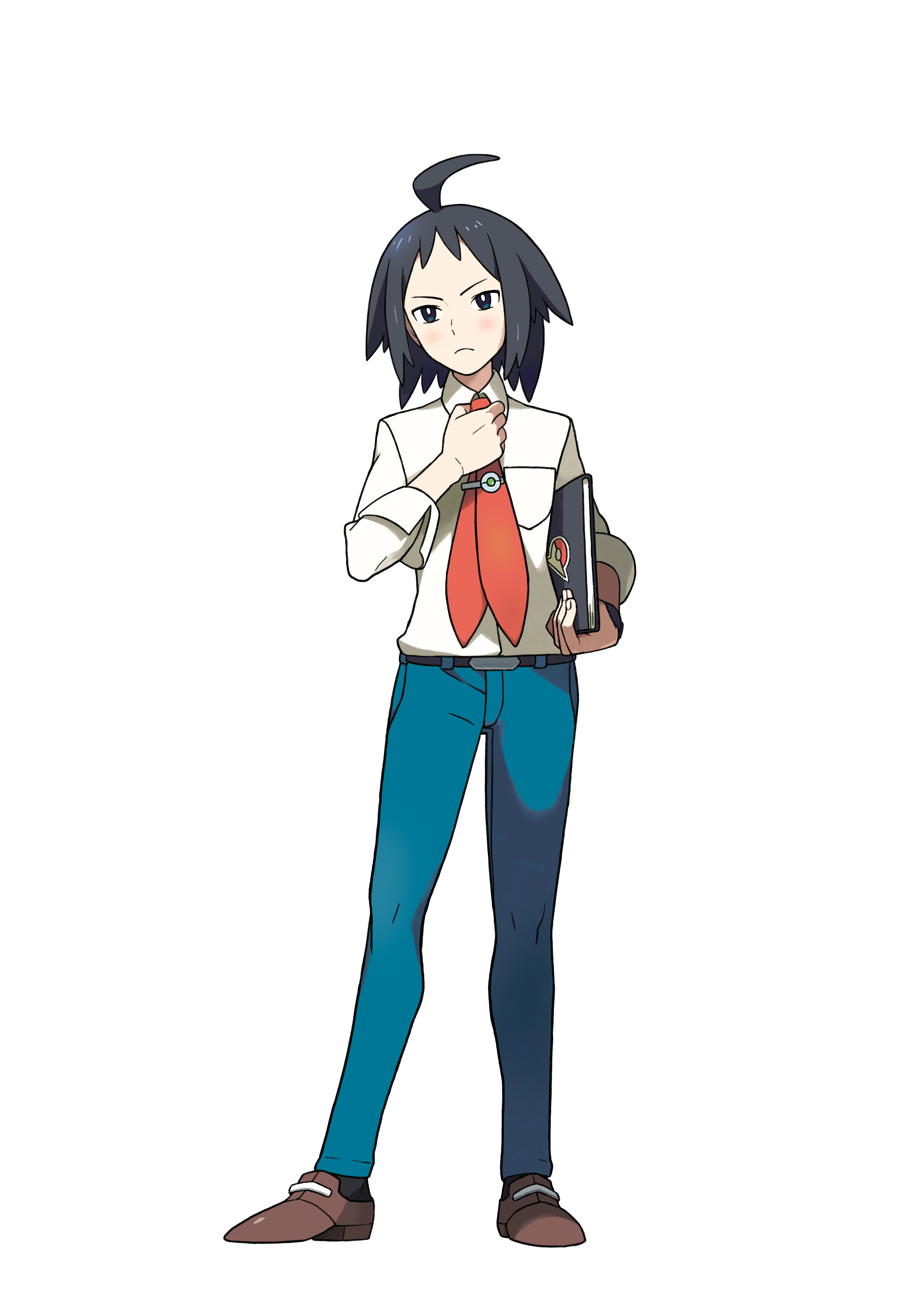 A serious-looking young man with black hair and eyes, wearing a white shirt, red tie, and blue jeans.