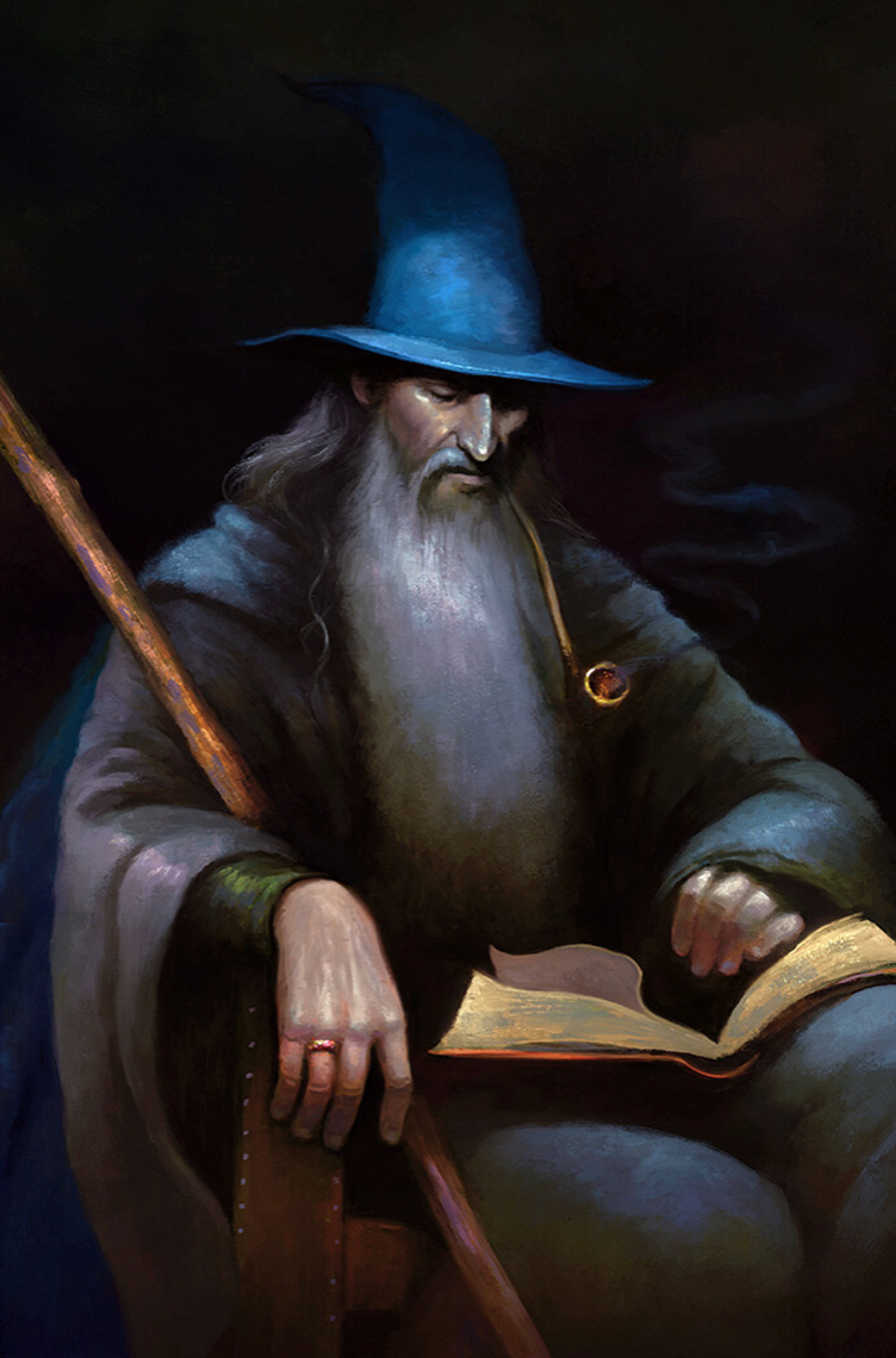 An elderly wizard with a long gray beard, wearing a blue hat and gray cloak, sitting in a chair and holding a staff and an open book.