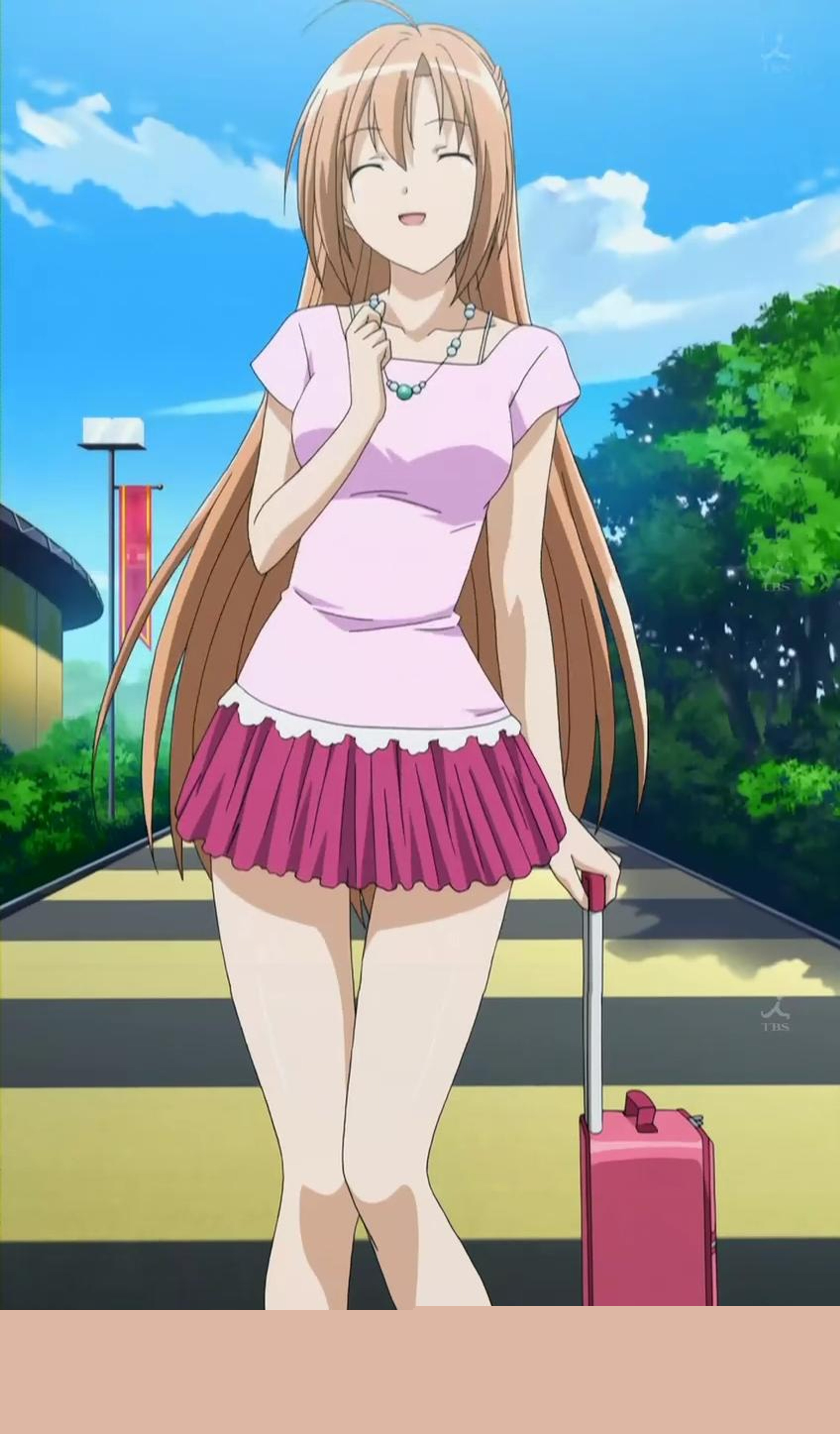 An anime-style character with long brown hair, wearing a pink top and short skirt, standing in an outdoor setting.