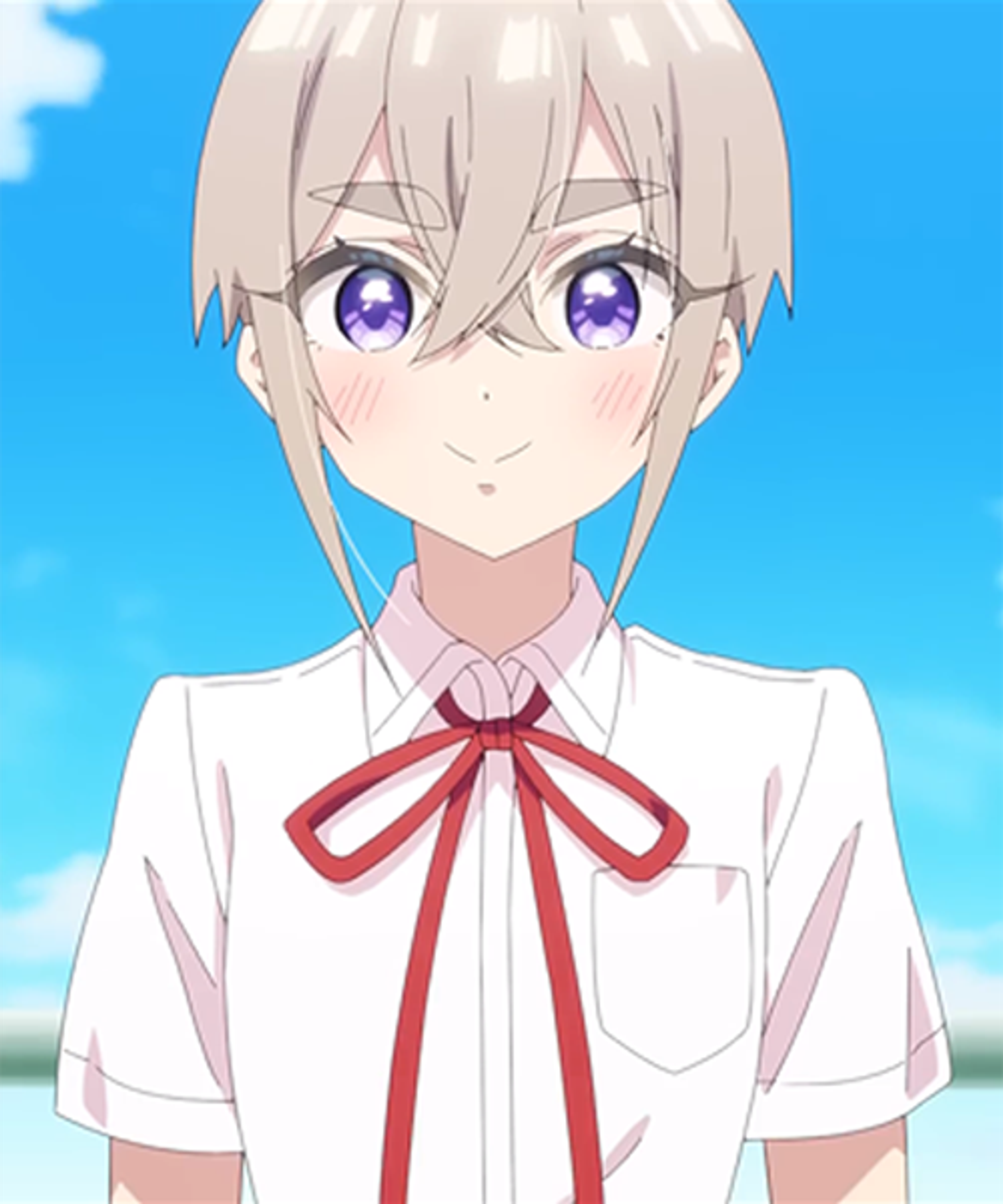 A young woman with short blonde hair and purple eyes wearing a school uniform