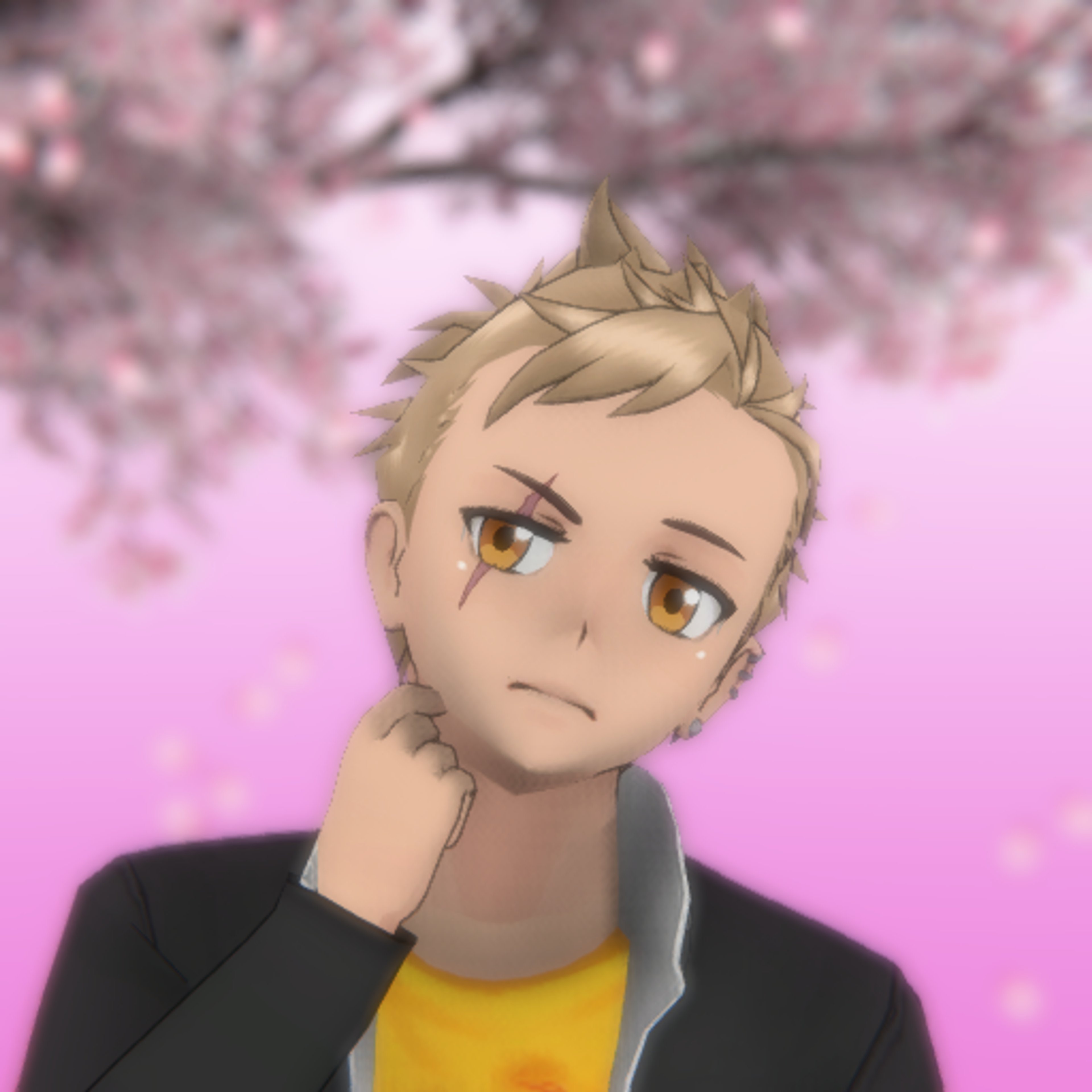 A young man with a facial scar and blonde, spiky hair standing in front of a blurred background with falling cherry blossom petals.