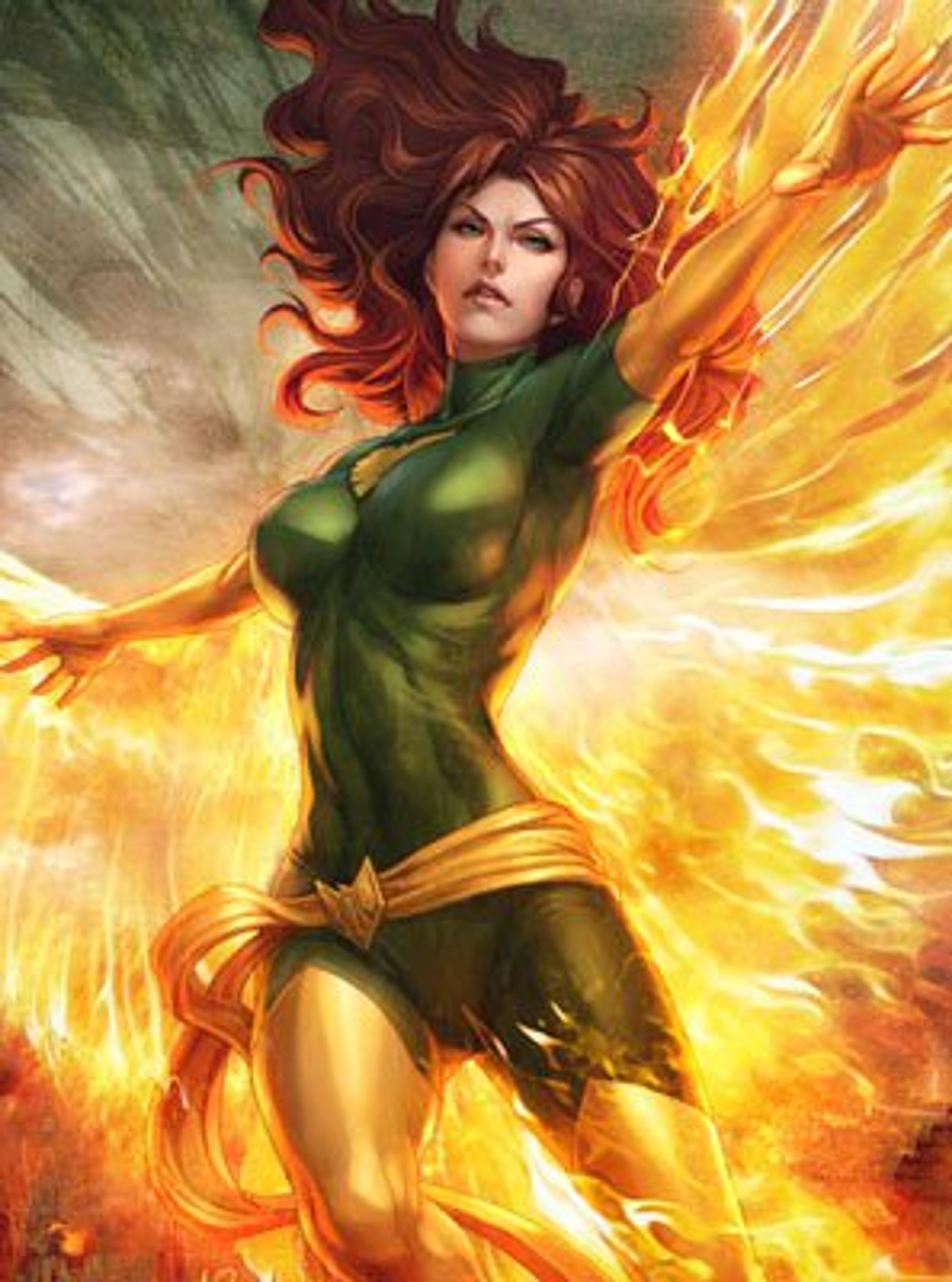 A powerful female mutant character surrounded by flames and energy