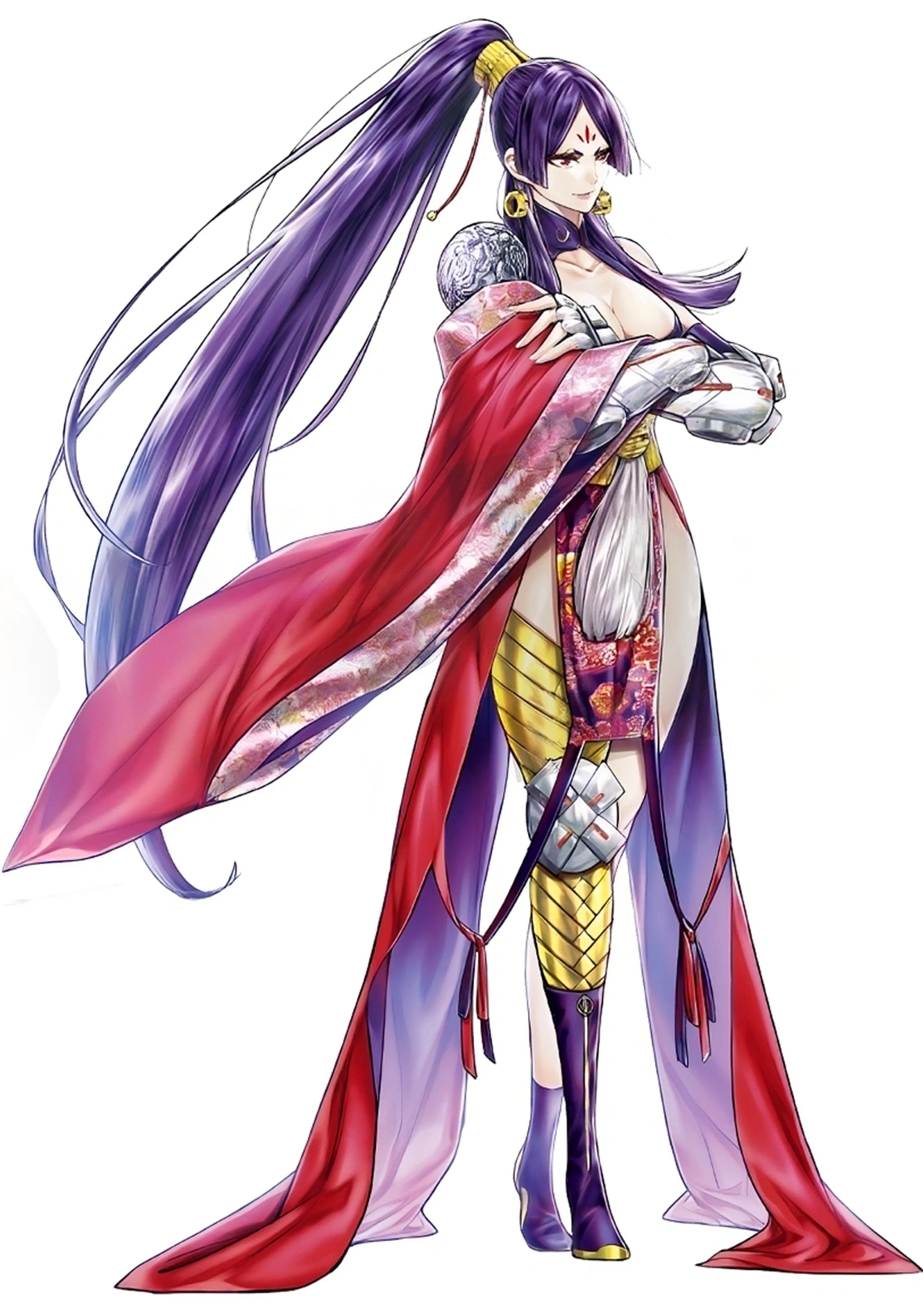 A powerful, regal-looking woman with long purple hair wearing an elaborate red and gold outfit.