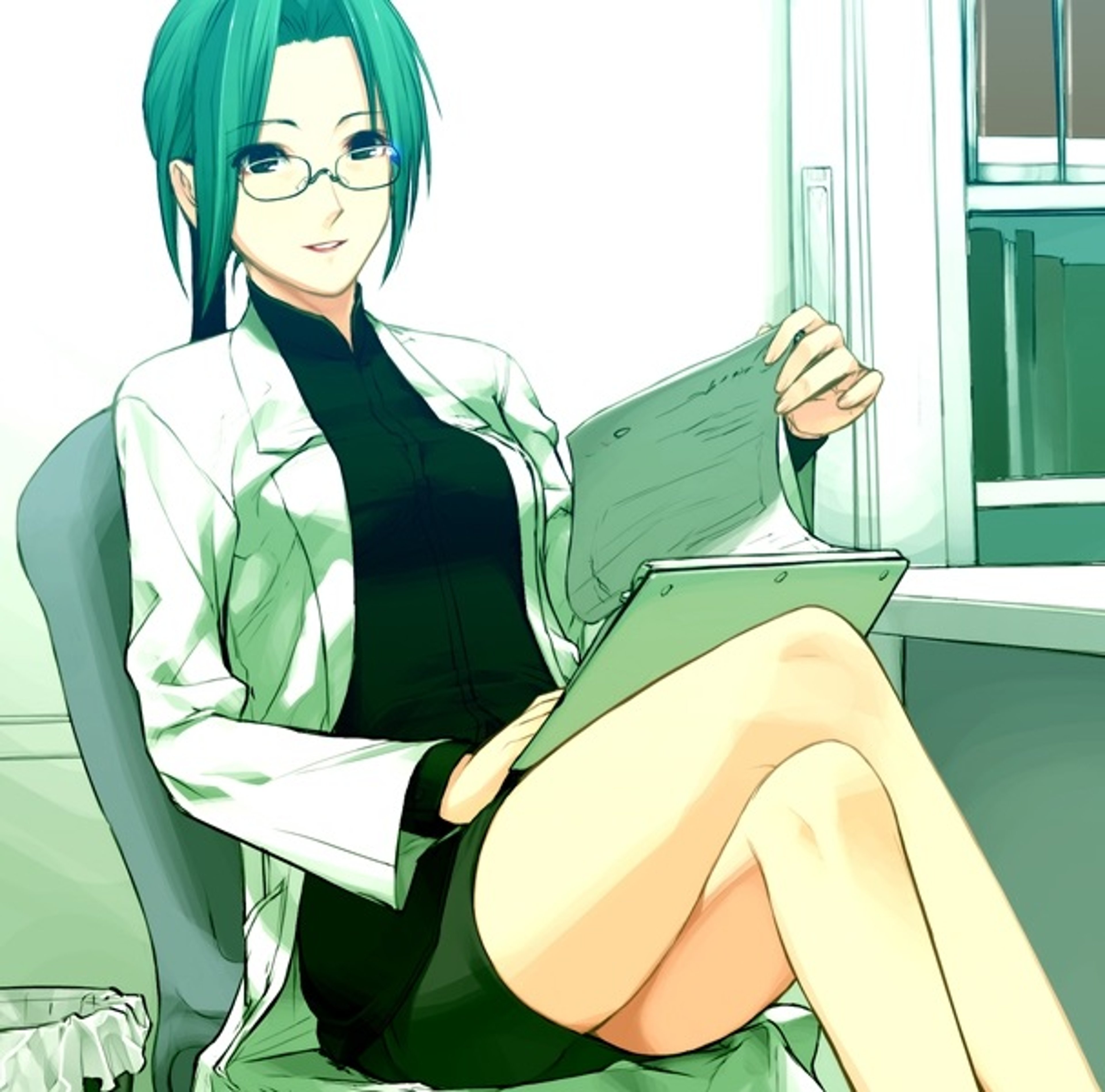 A young woman with green hair wearing a white lab coat and black clothing, sitting in a medical office or hospital setting.
