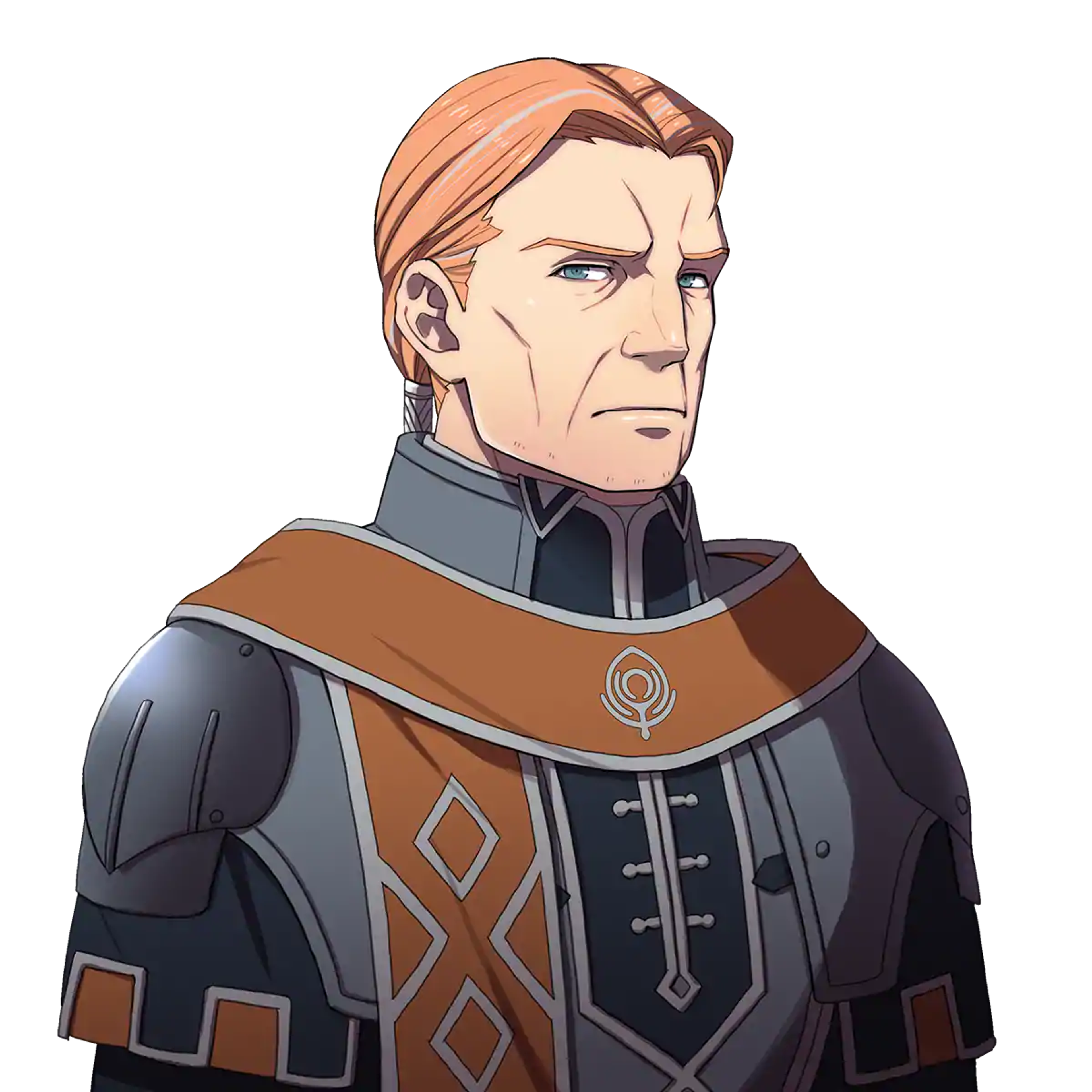 An older knight with orange hair and a serious expression, wearing a dark uniform with armor.
