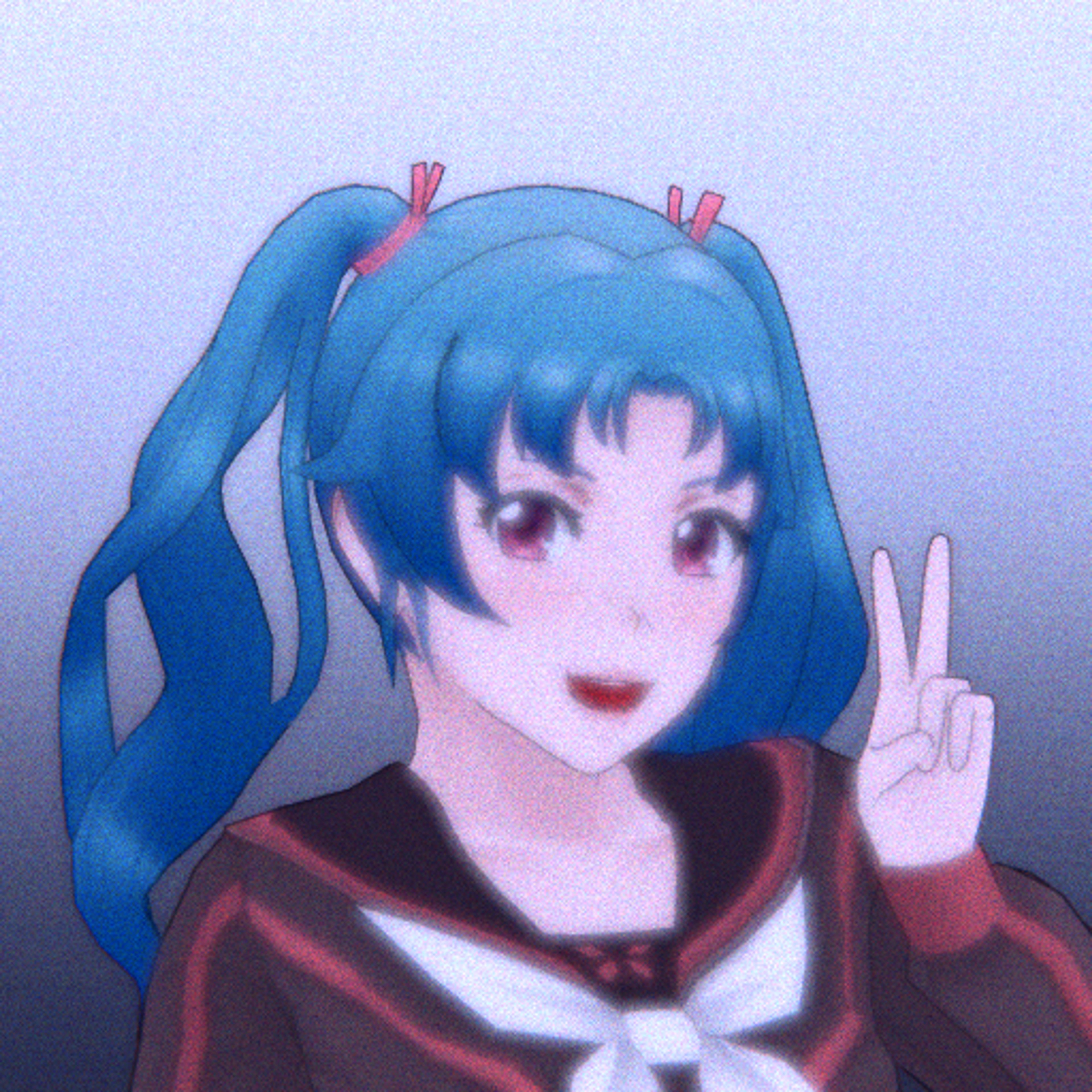 An anime-style character with blue pigtails and crimson eyes making a peace sign gesture.