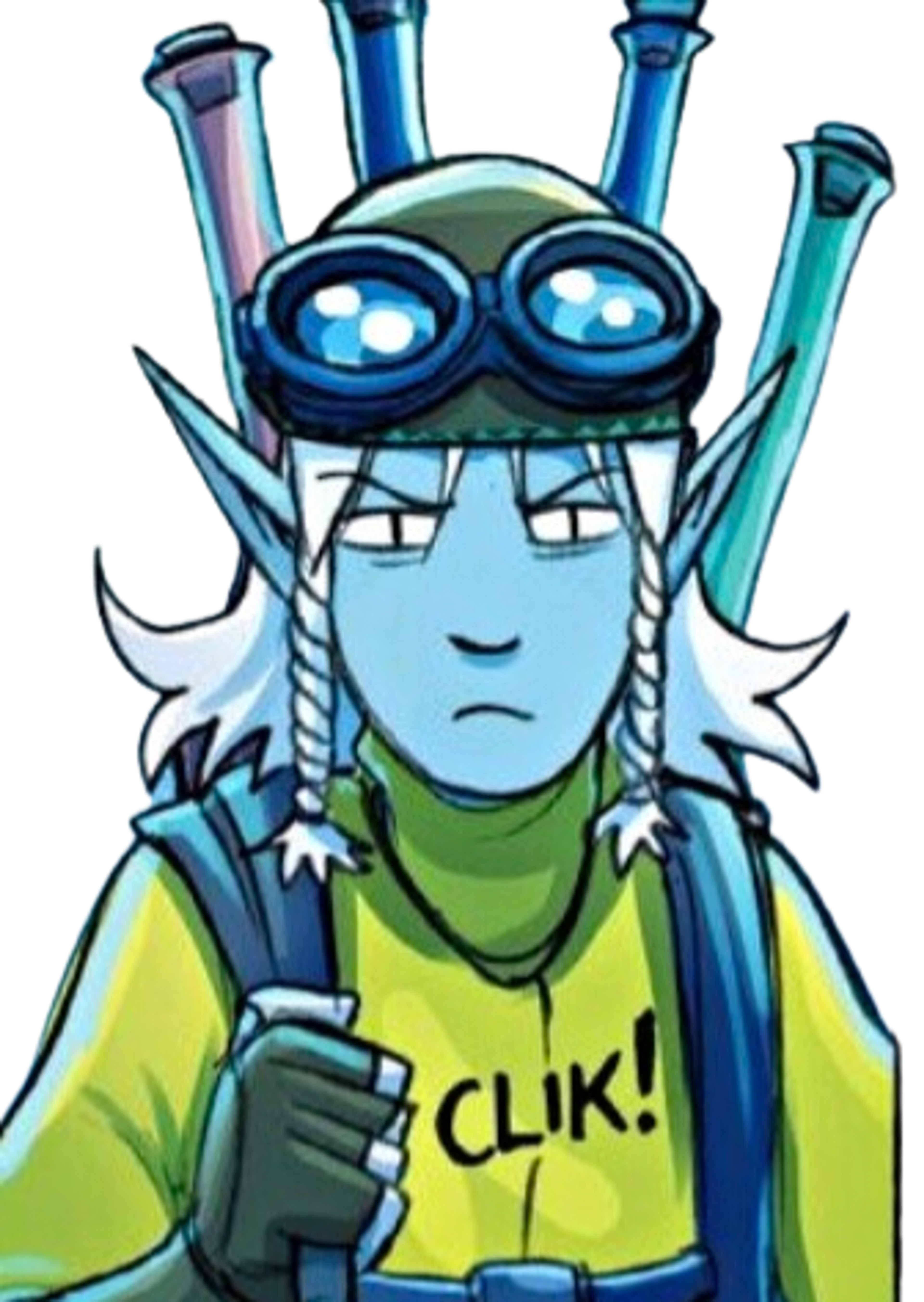 A detailed cartoon character with light blue skin, pointed ears, and white hair