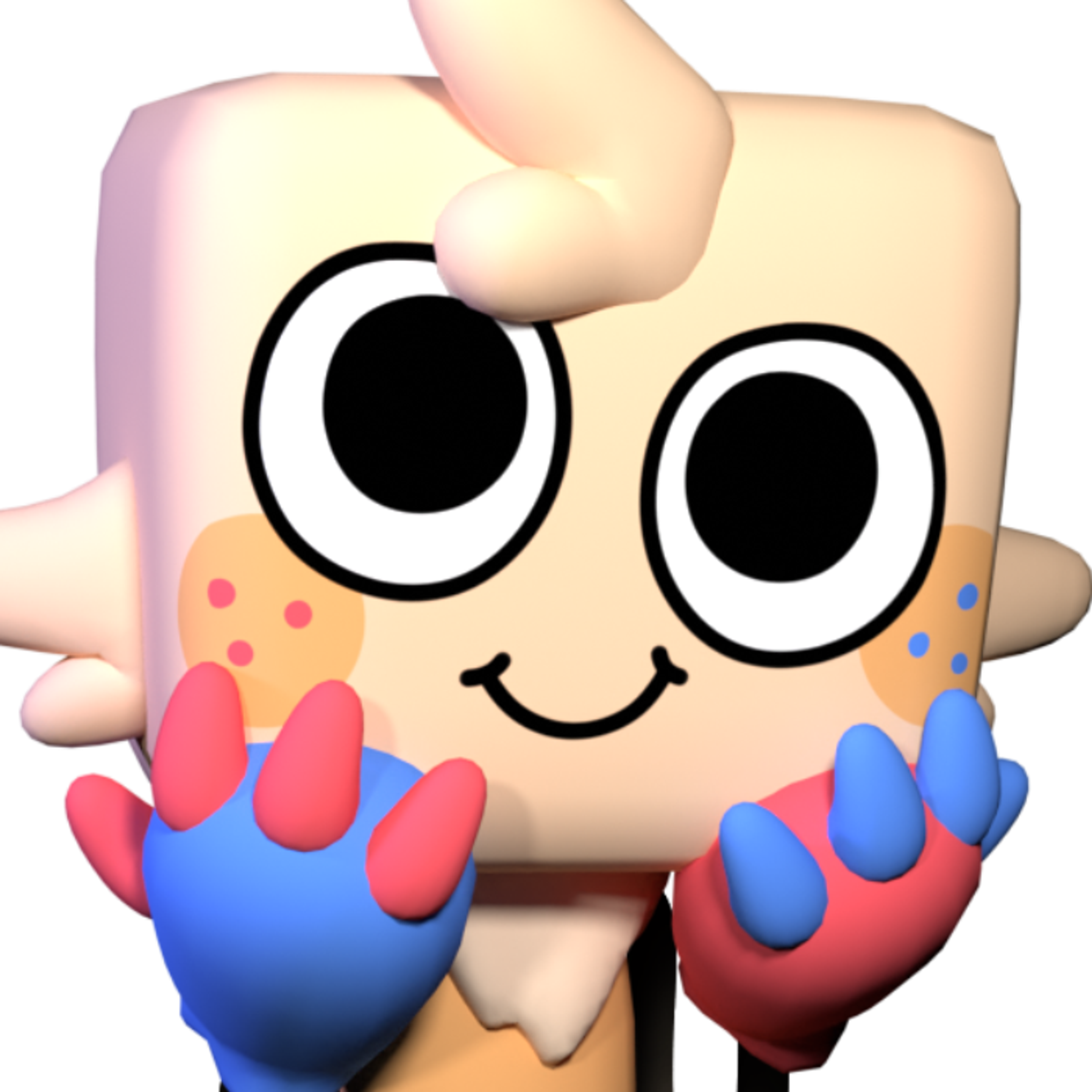 A beige-colored, cartoon-like character with a rounded, square-shaped head, tufts of fluff, and long, flexible arms with contrasting colored hands.