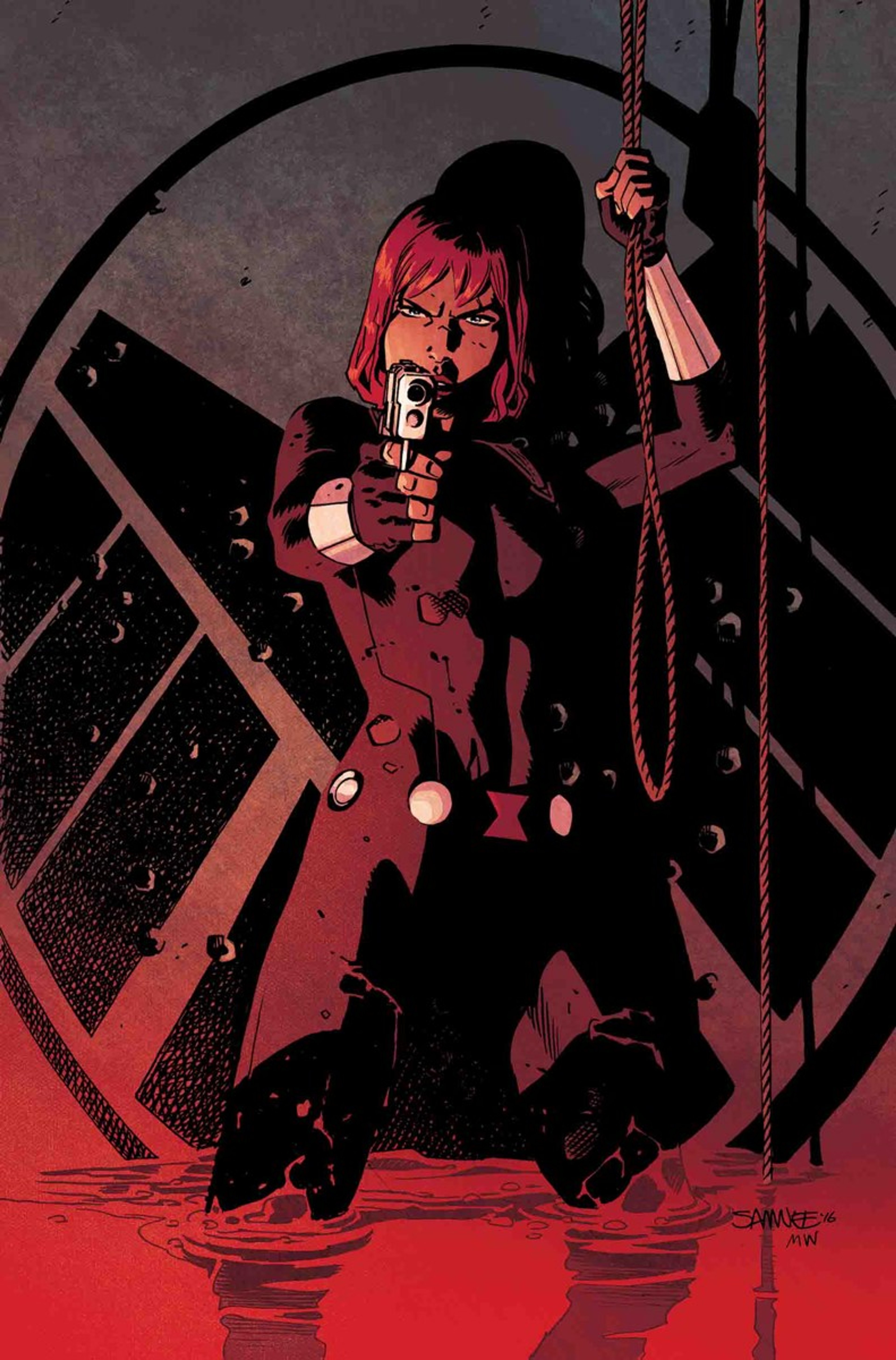 A female character in a black and red bodysuit holding a gun in a dark, industrial setting.