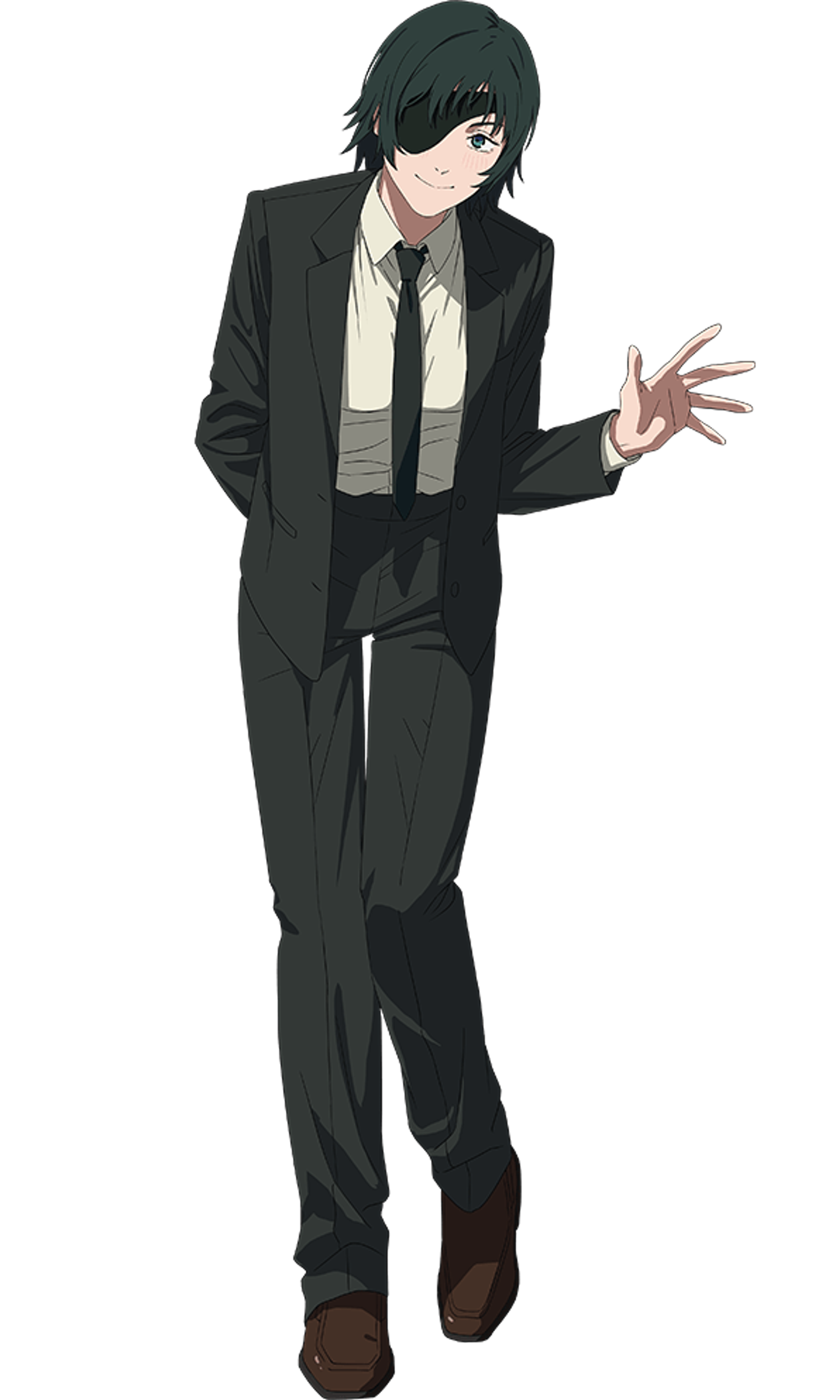 A young adult male character in a black suit gesturing with his hands