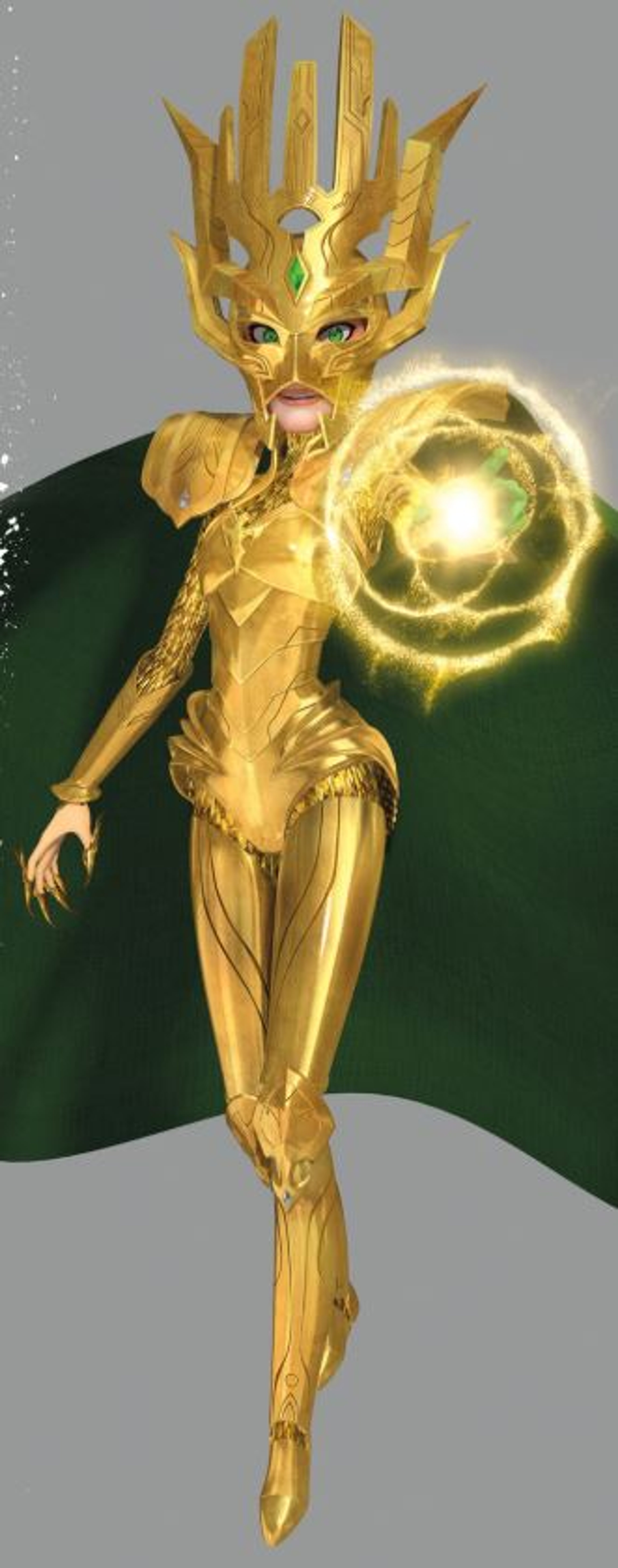 A powerful, fantastical female sorceress character in a golden and green costume with a crown-like headdress, surrounded by magical energy.