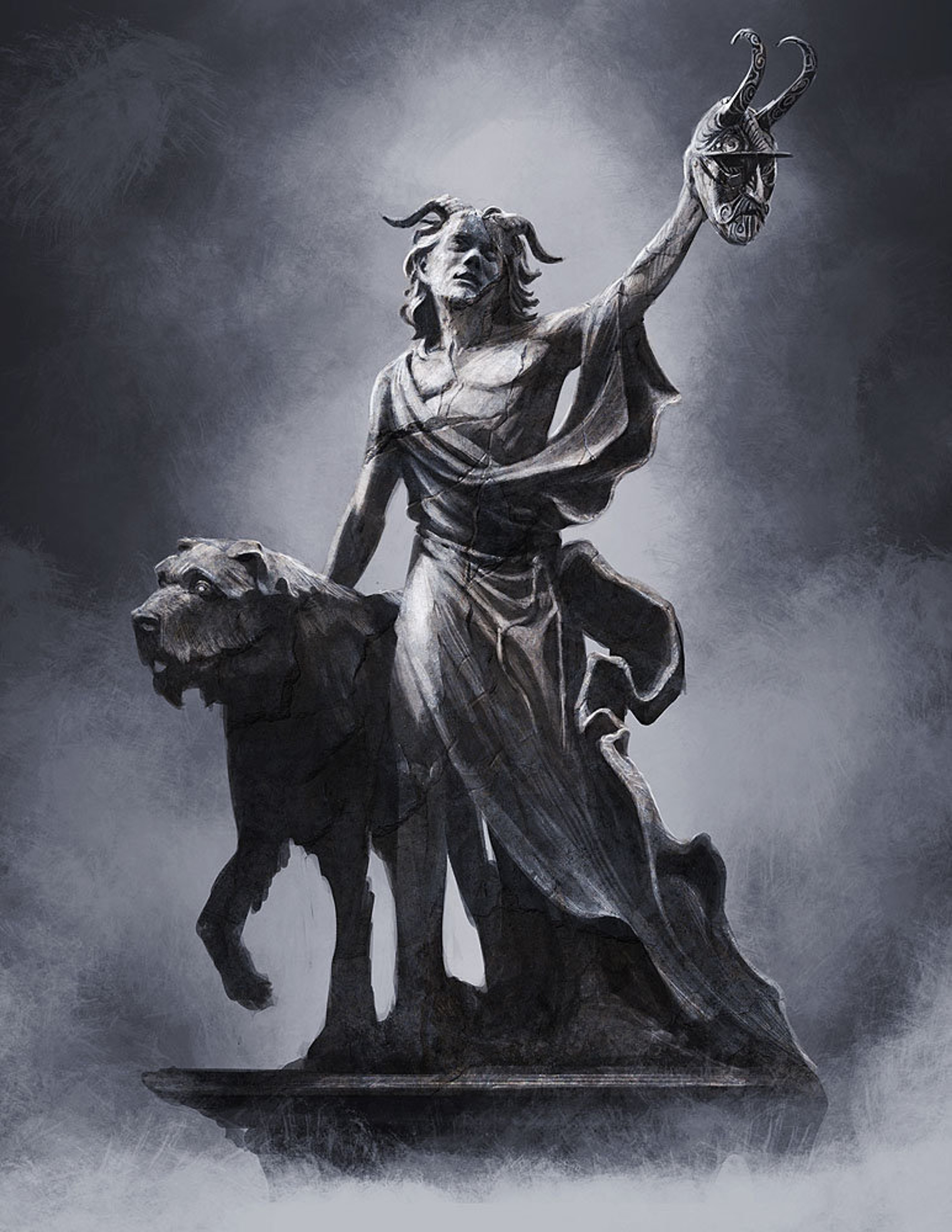 A demonic, horned humanoid figure holding a staff or scepter, surrounded by smoke or mist.