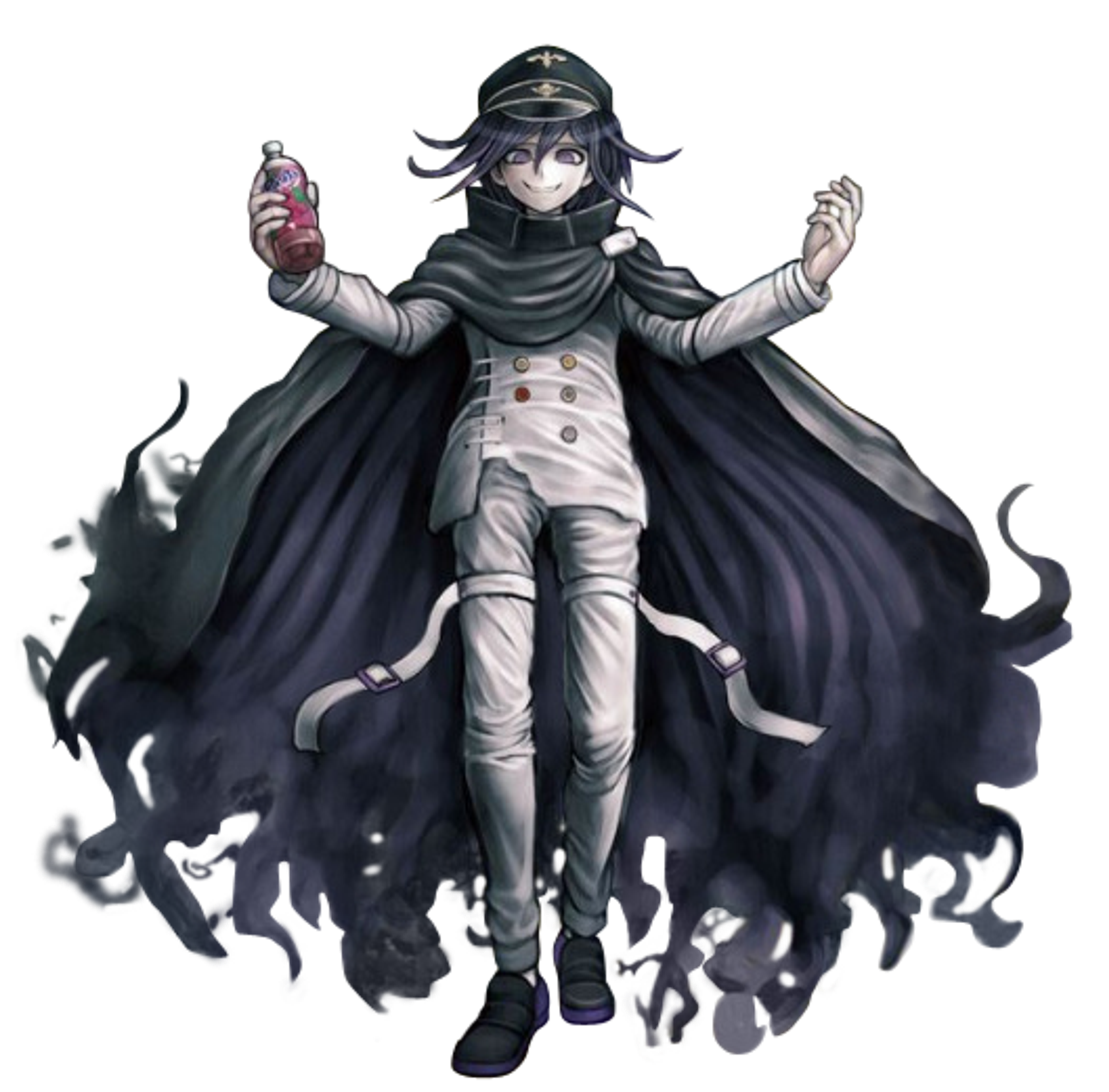 A mysterious, mischievous-looking character with purple hair and a dramatic dark cape or scarf