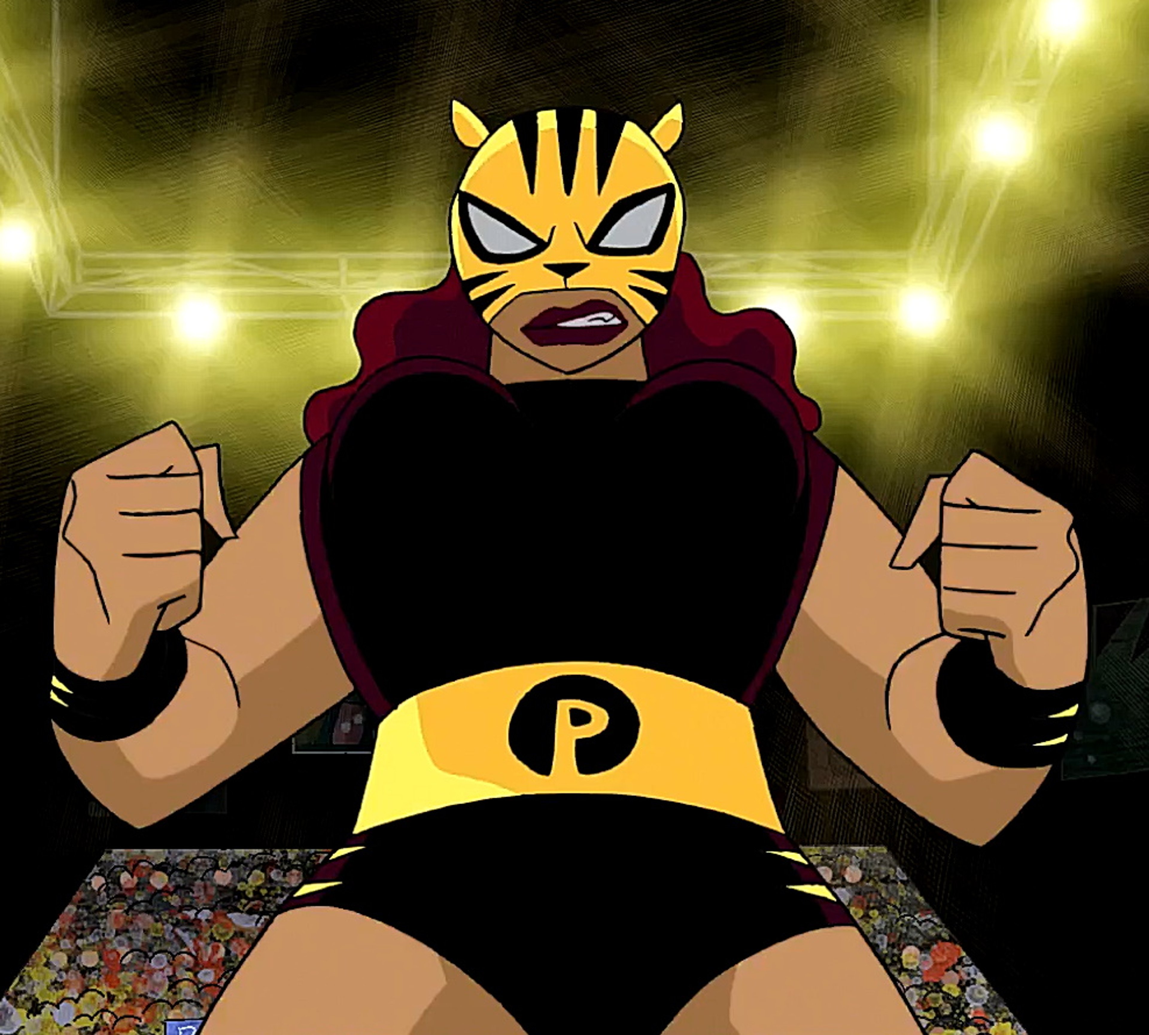 A powerful, masked wrestler in a yellow and black costume, clenching their fists with a fierce expression.