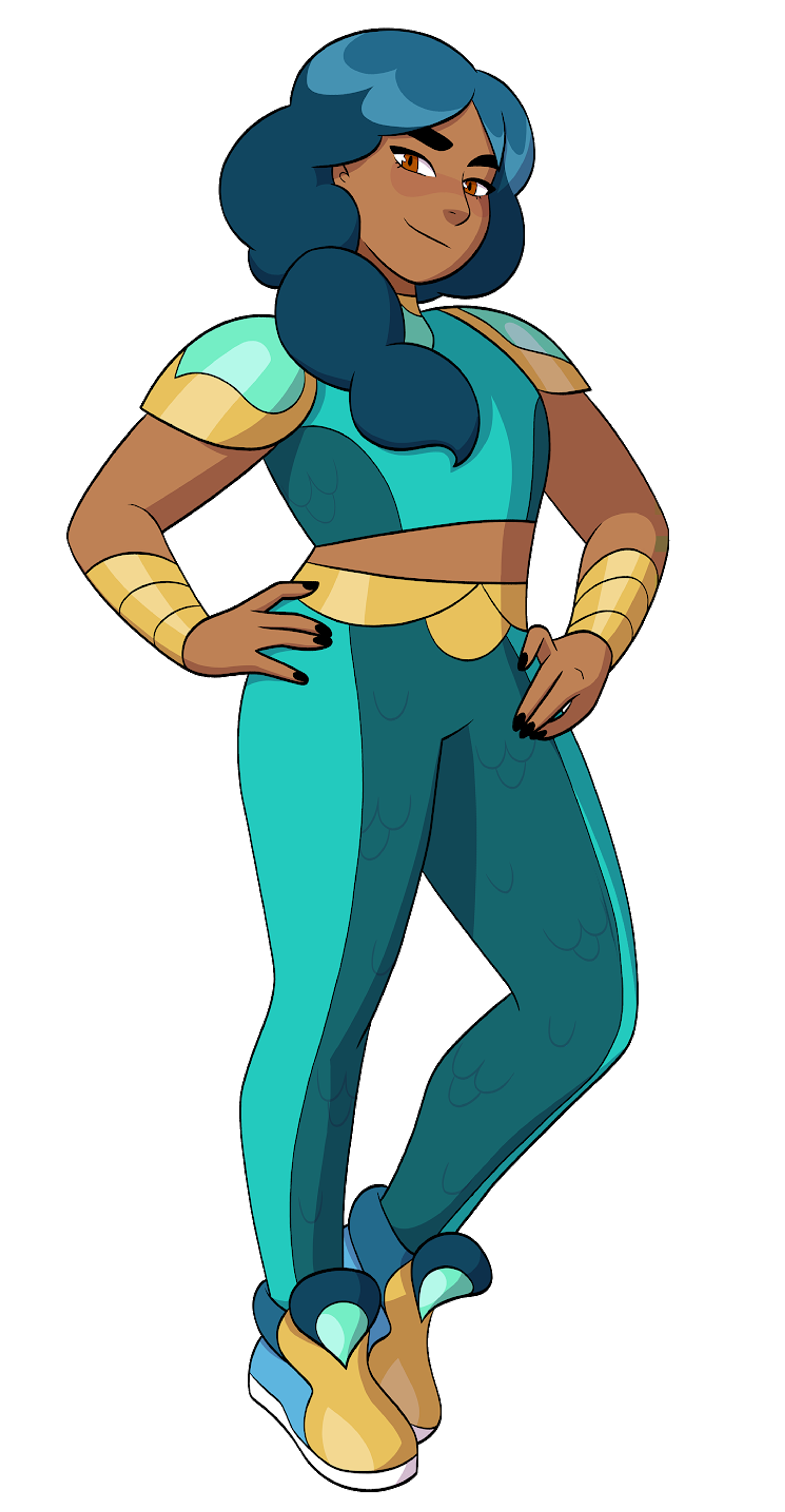 A female character with teal hair and a teal and yellow outfit, posed in a heroic stance.