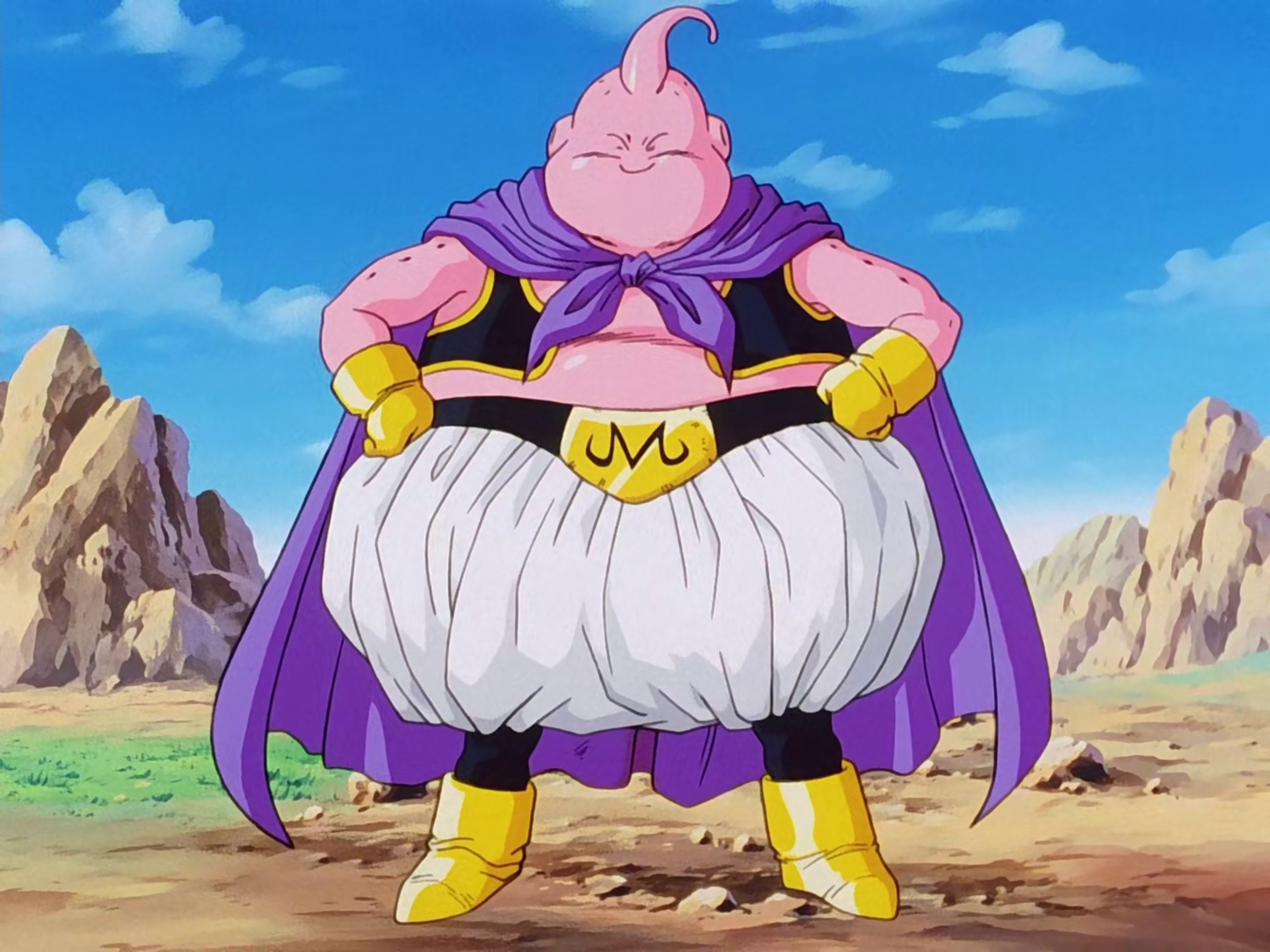 A large, pink, childlike entity with a rotund body, antenna, and steam holes on its head, wearing a purple outfit with a yellow belt.