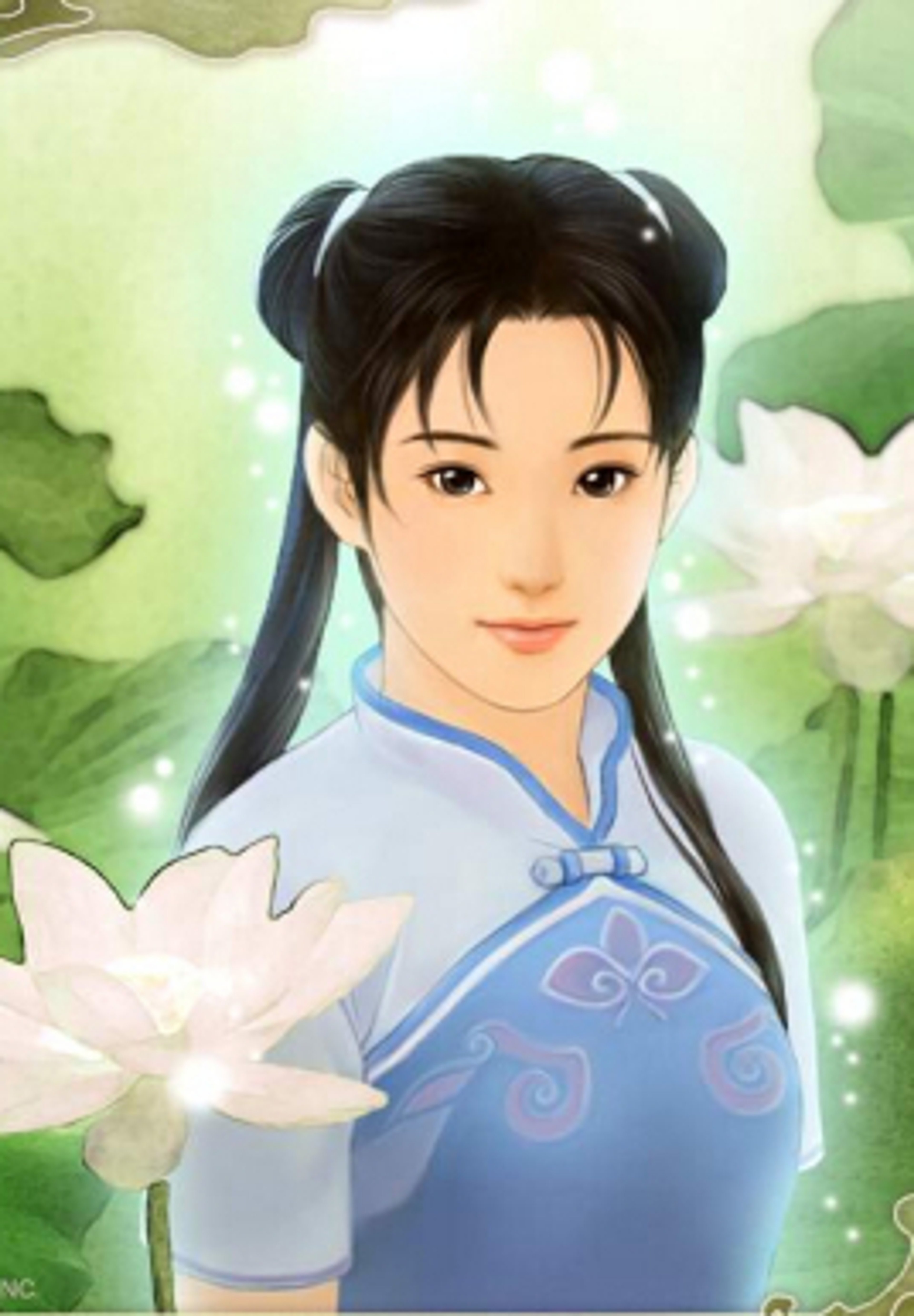 A young, beautiful East Asian woman in a light blue dress with a gentle, elegant expression, set against a serene natural backdrop.