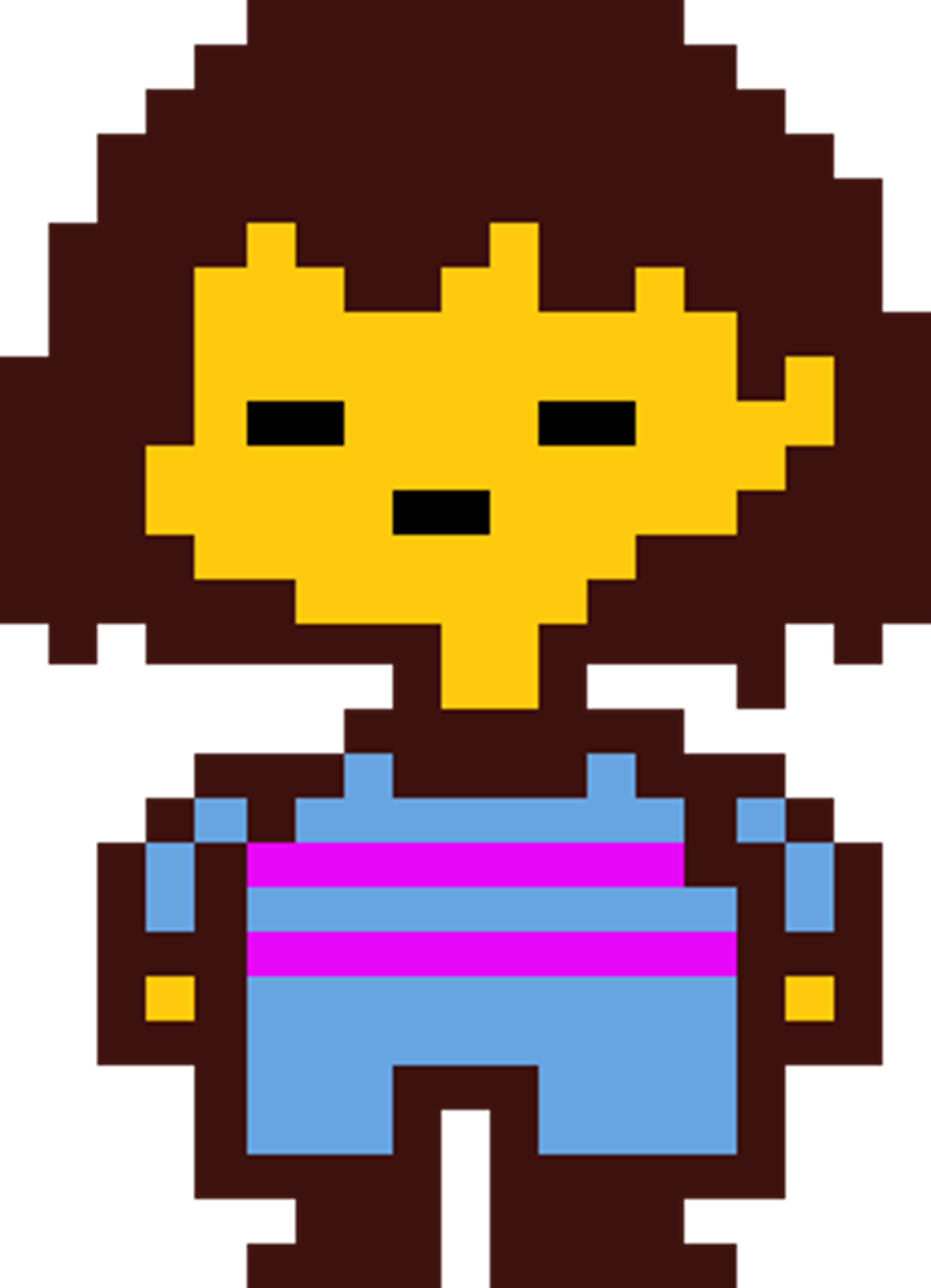 A pixelated character with a yellow head and blue and pink clothing