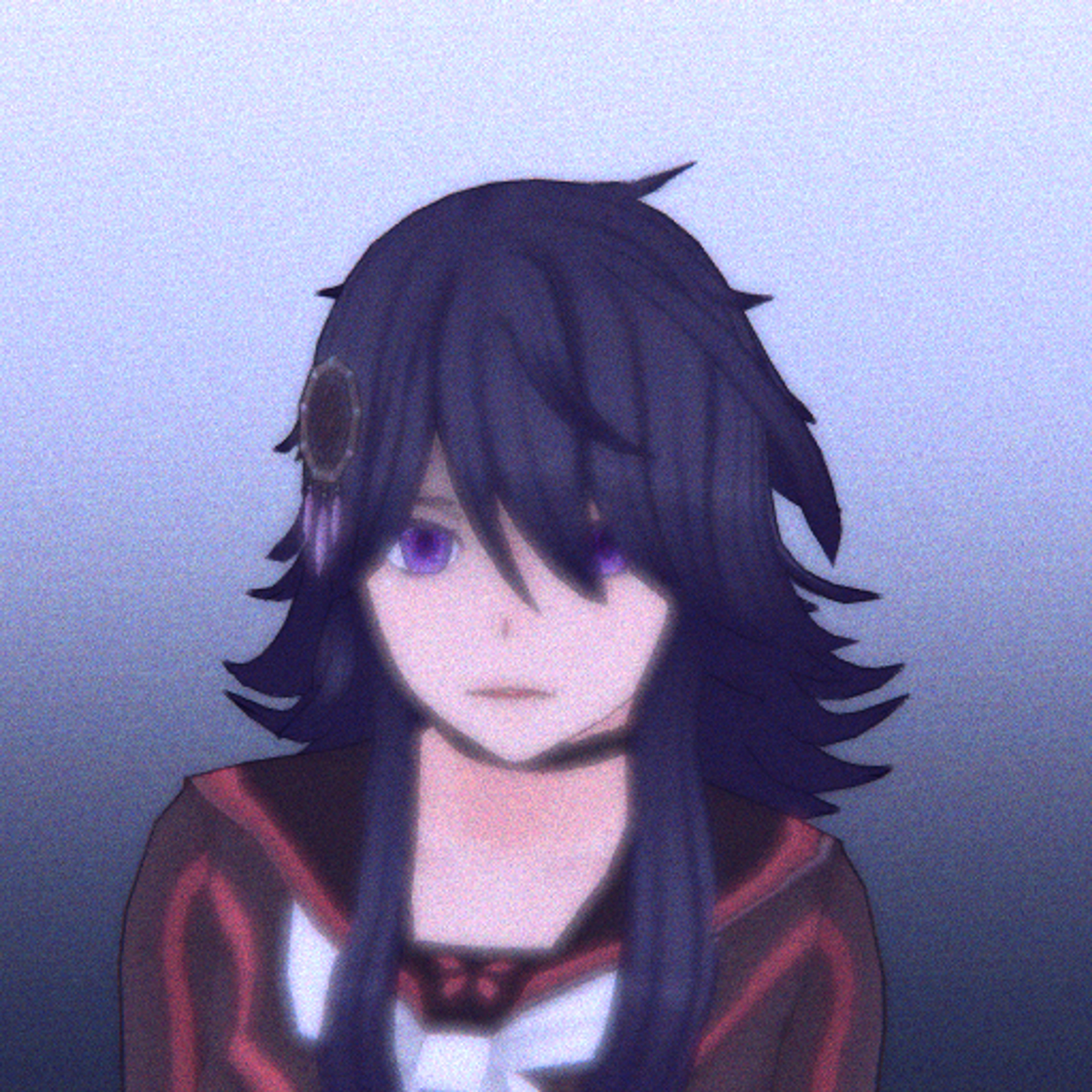 An anime-style character with messy, dark hair and violet eyes wearing a school uniform