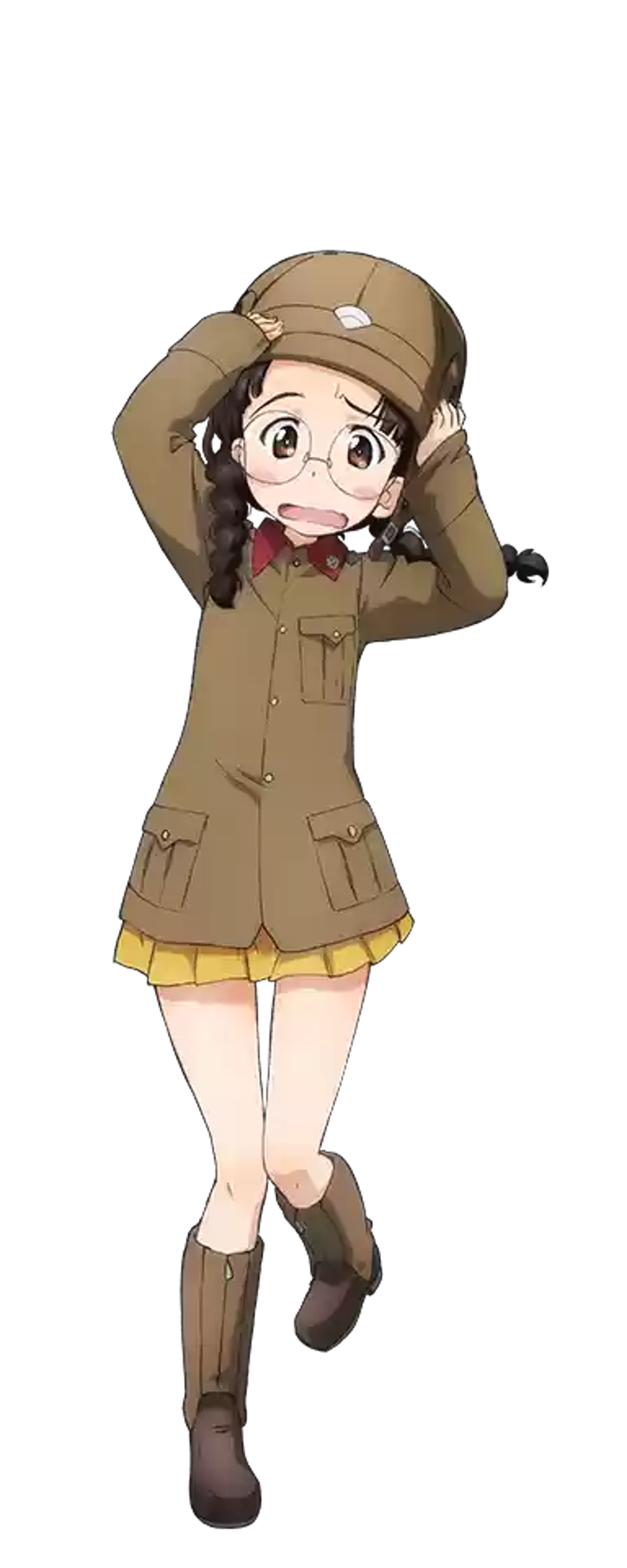 An anime-style character with short, dark hair in braids and large glasses, wearing a school uniform.