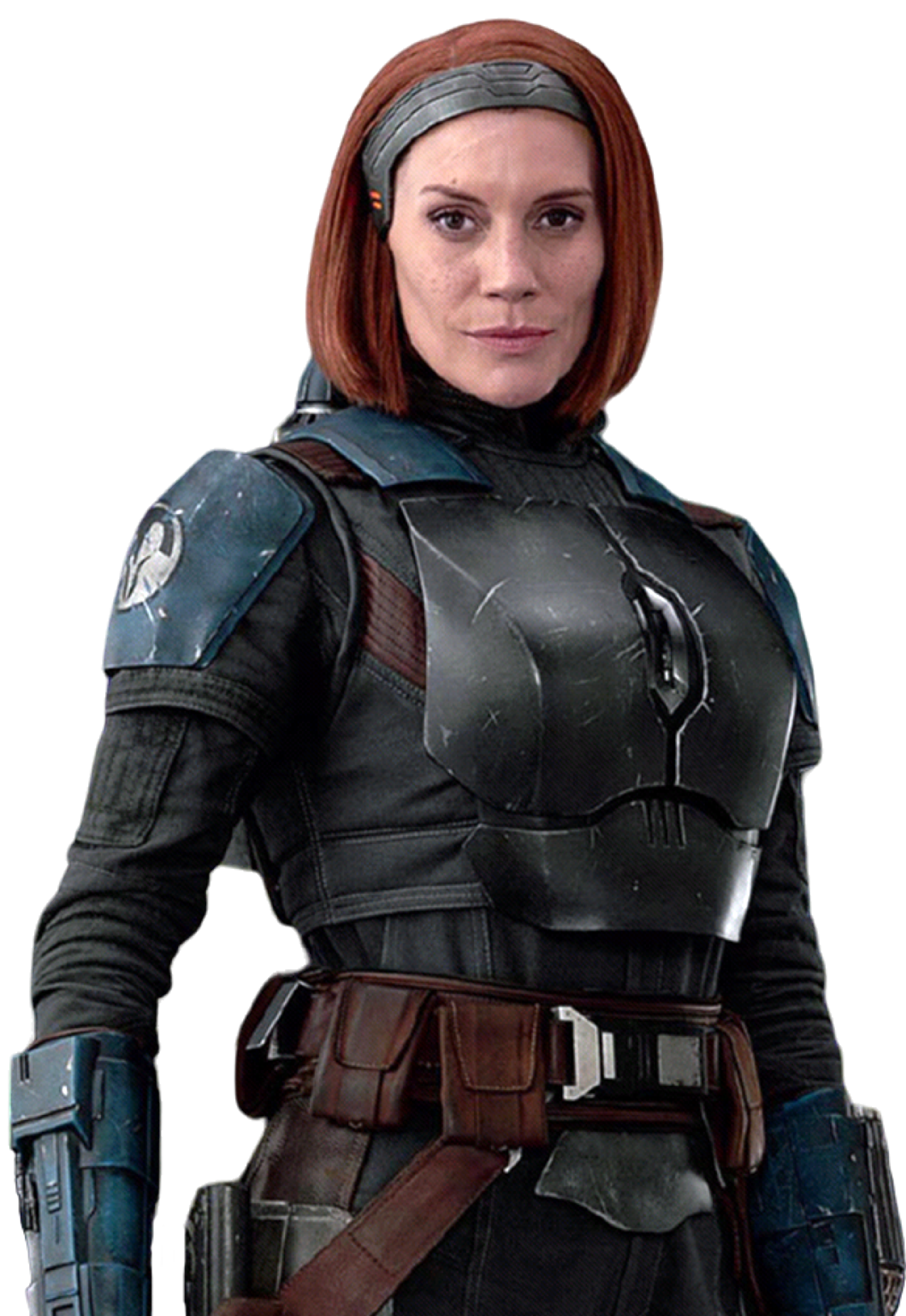 A Mandalorian warrior woman with red hair and a serious expression, holding a blaster rifle.