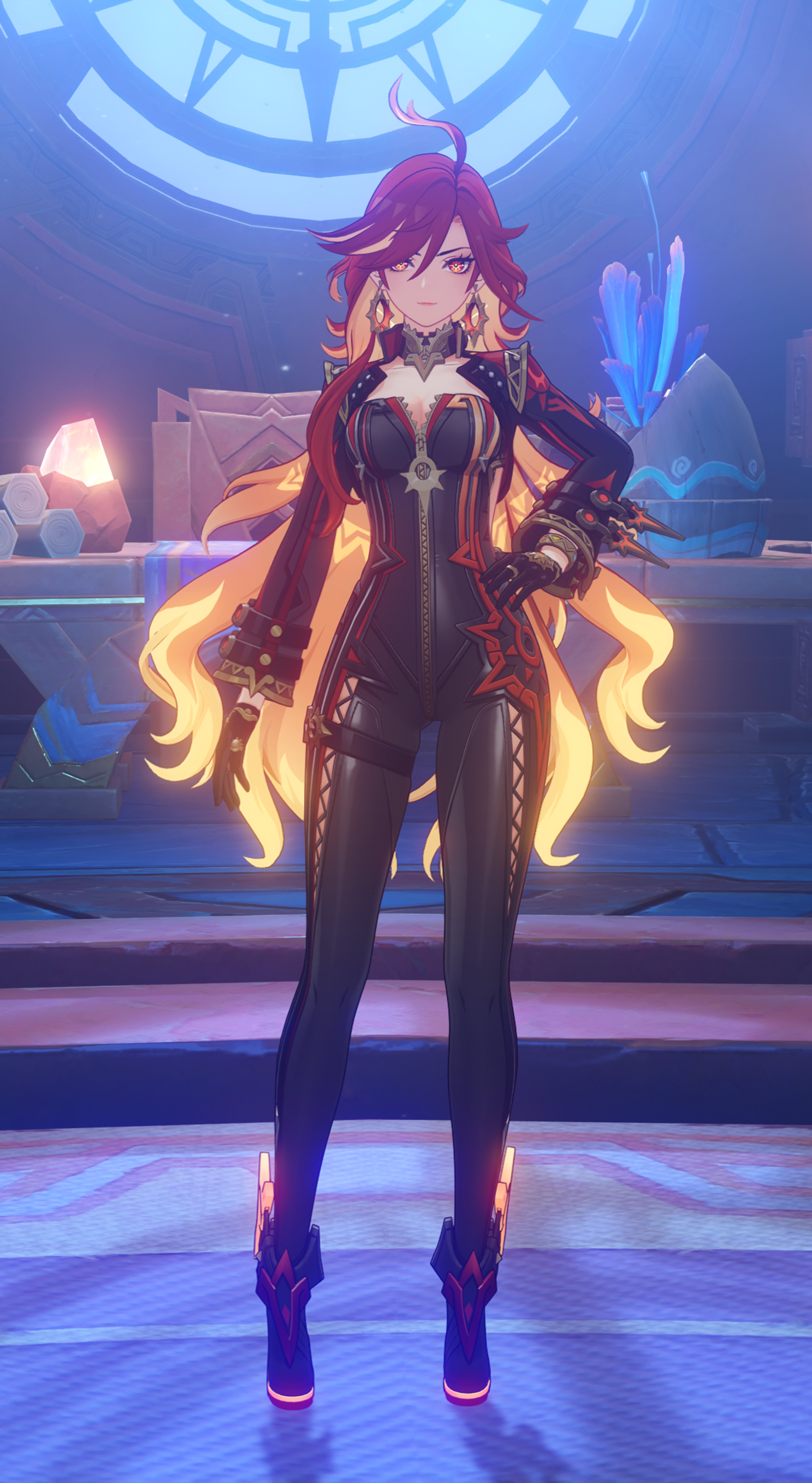 A powerful, fiery female character with long, wavy crimson hair and intense sun-like eyes, wearing a black bodysuit with fiery accents.