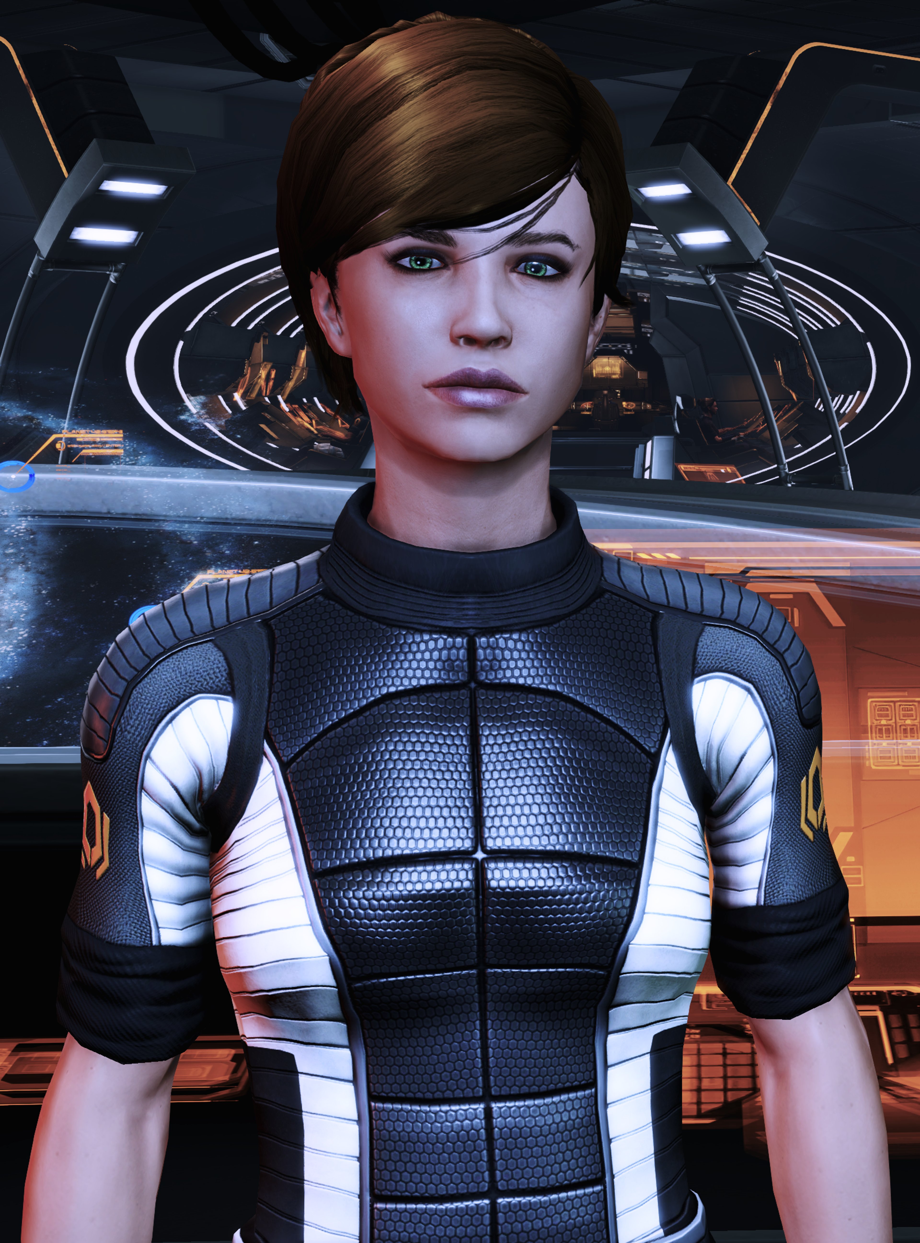 A female character in a futuristic bodysuit in a technological setting