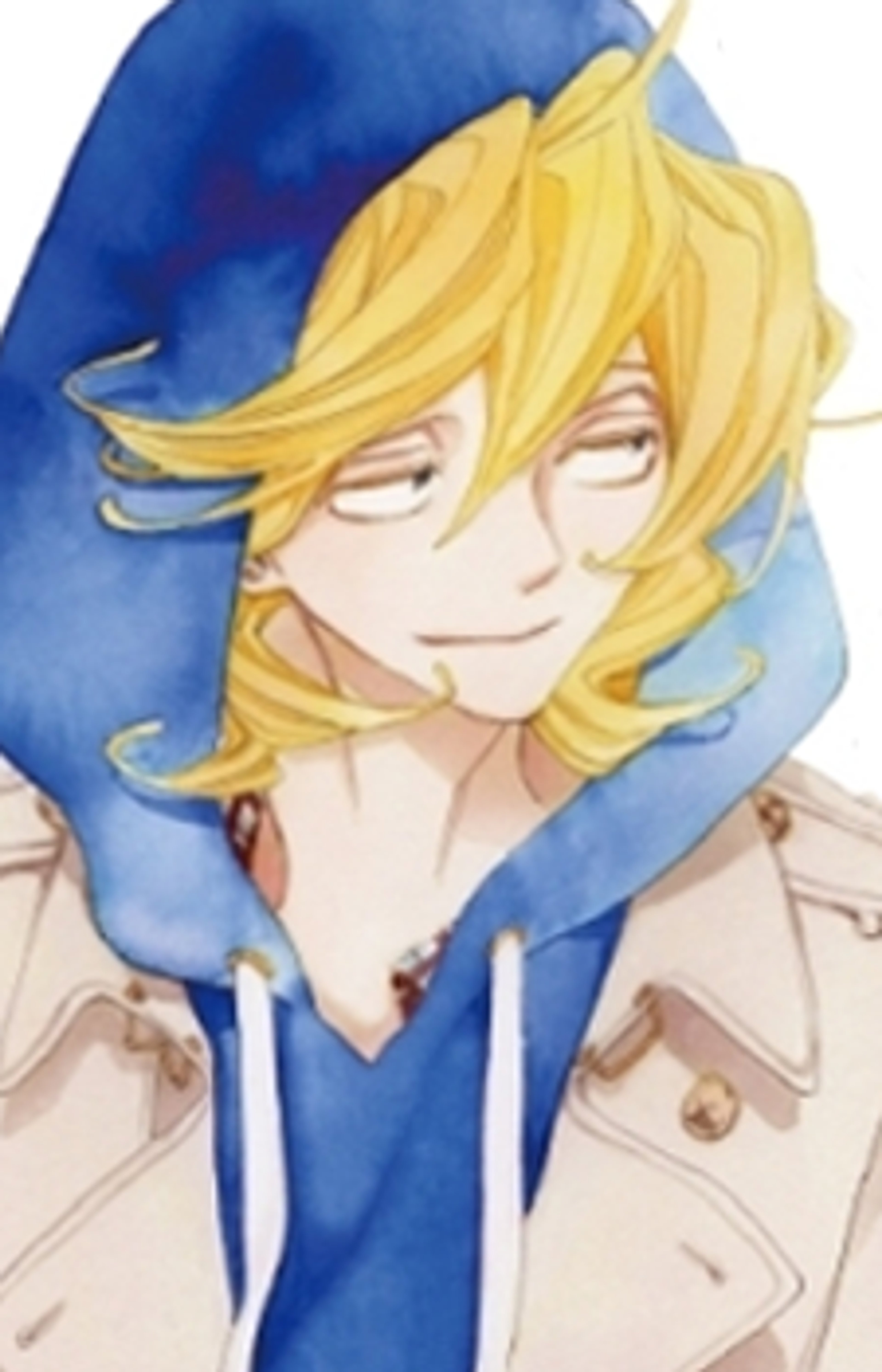 A young man with bleached blonde curly hair and a relaxed, laid-back appearance wearing a loosely fitted school uniform.