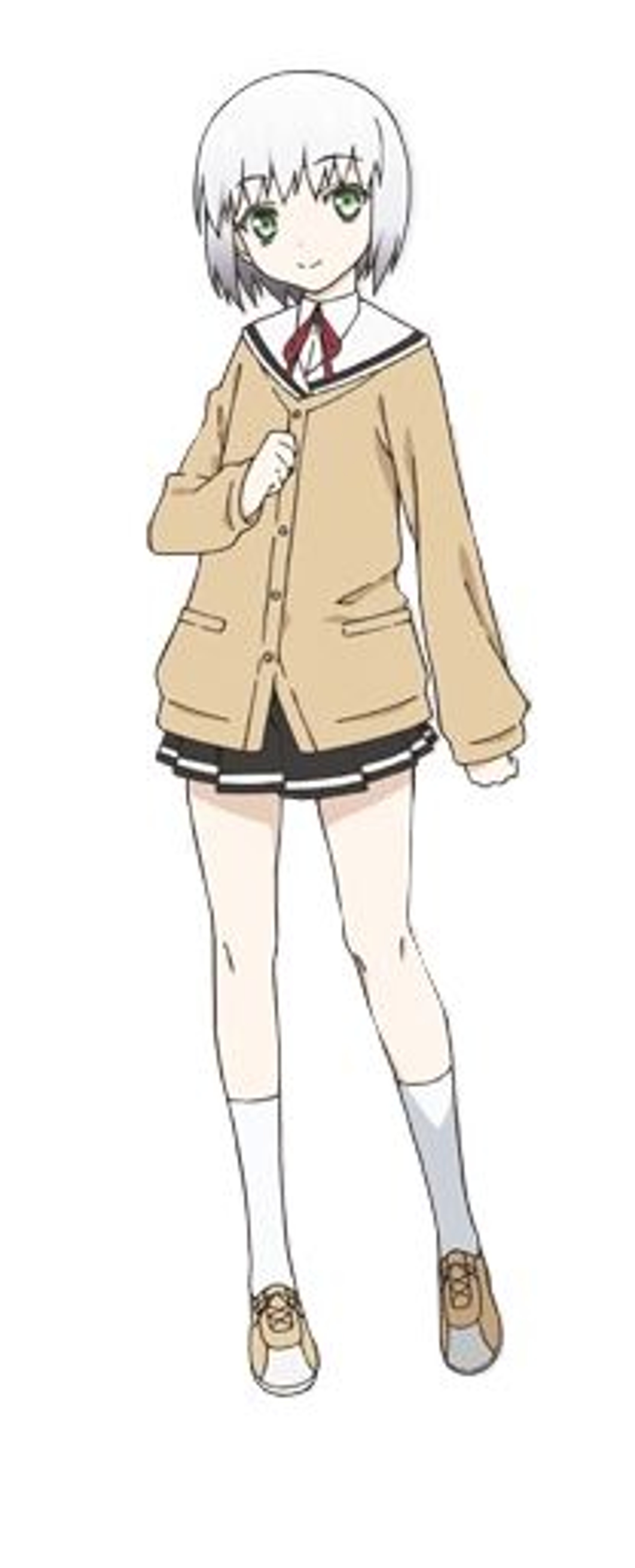 An anime-style character with short, silver-gray hair and green eyes wearing a tan school uniform.