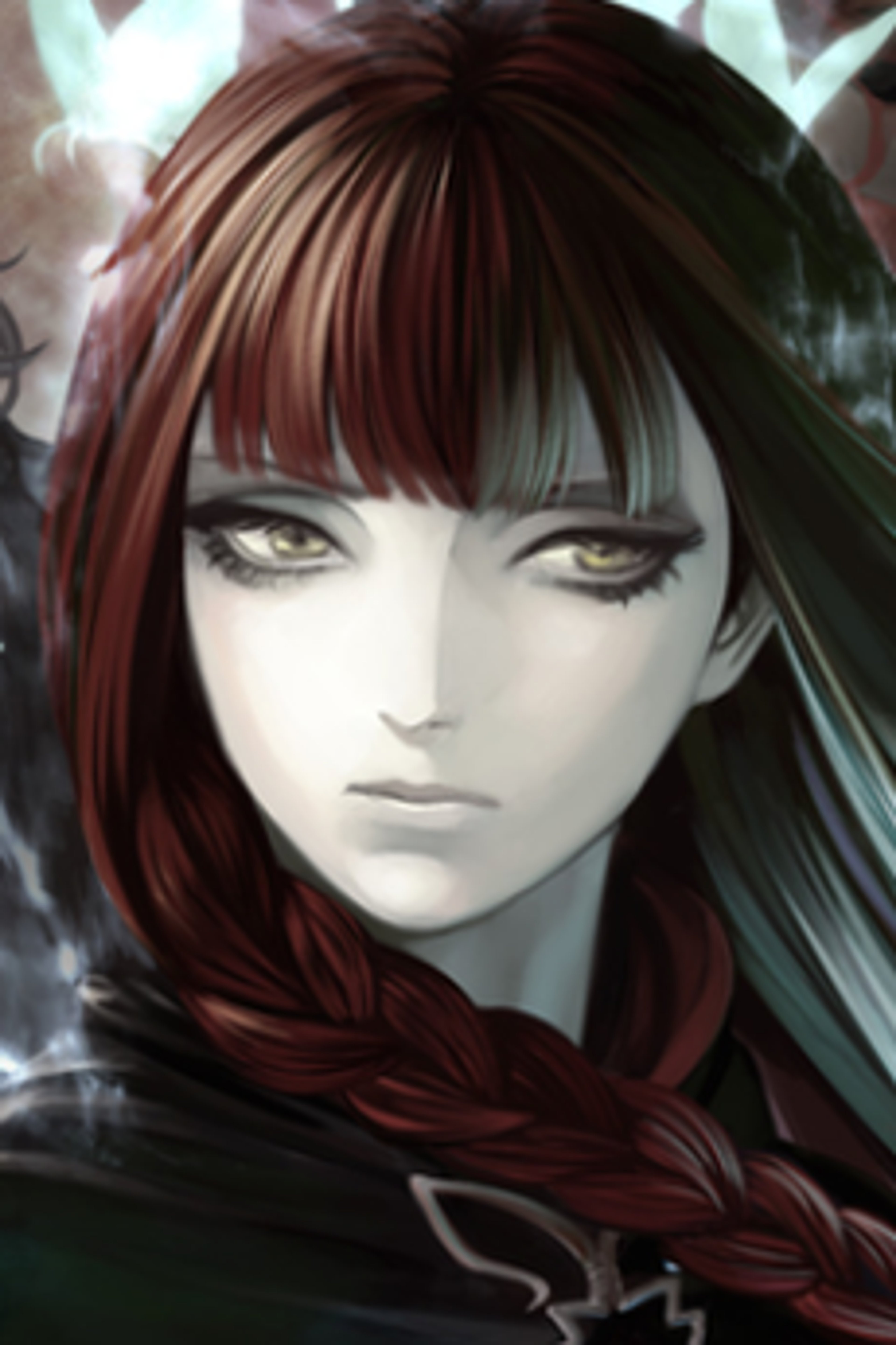 A woman with long, dark red hair and intense green eyes in a dark, supernatural setting.