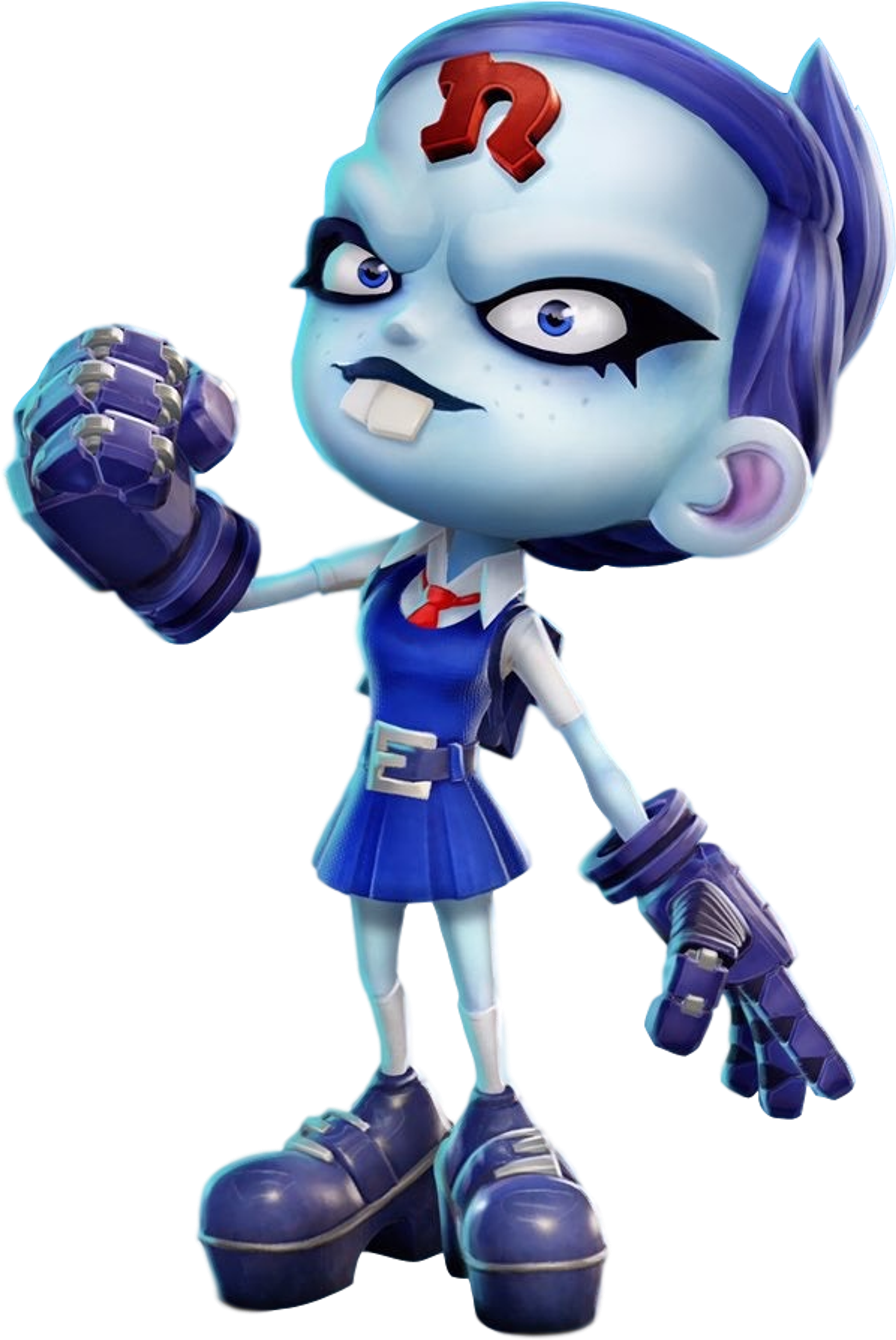 A female cartoon character with blue skin, purple hair, and large bionic hands in a goth-inspired outfit.