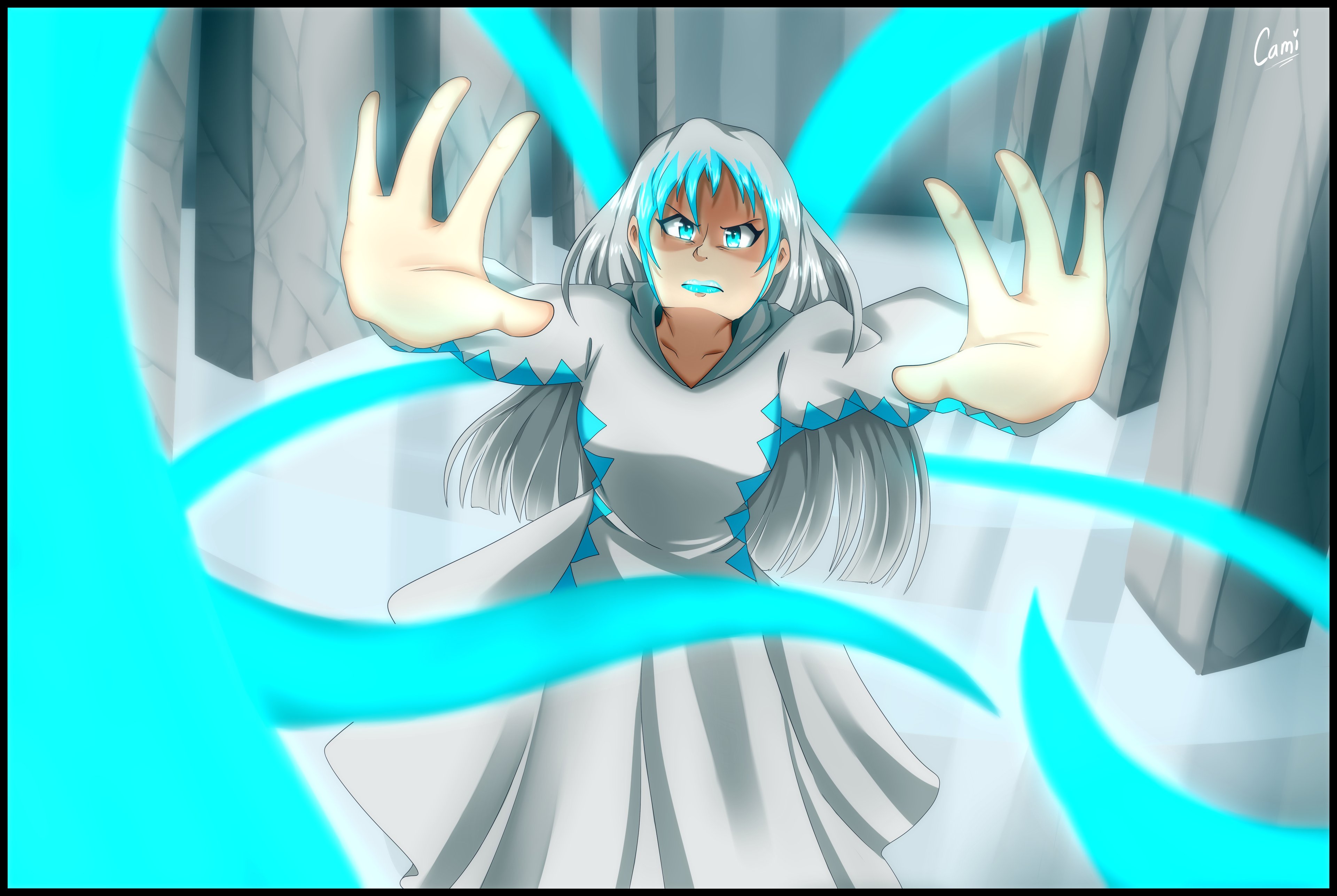 A young woman with light blue hair and eyes, wearing a white and silver magical outfit, in a dramatic magical pose.