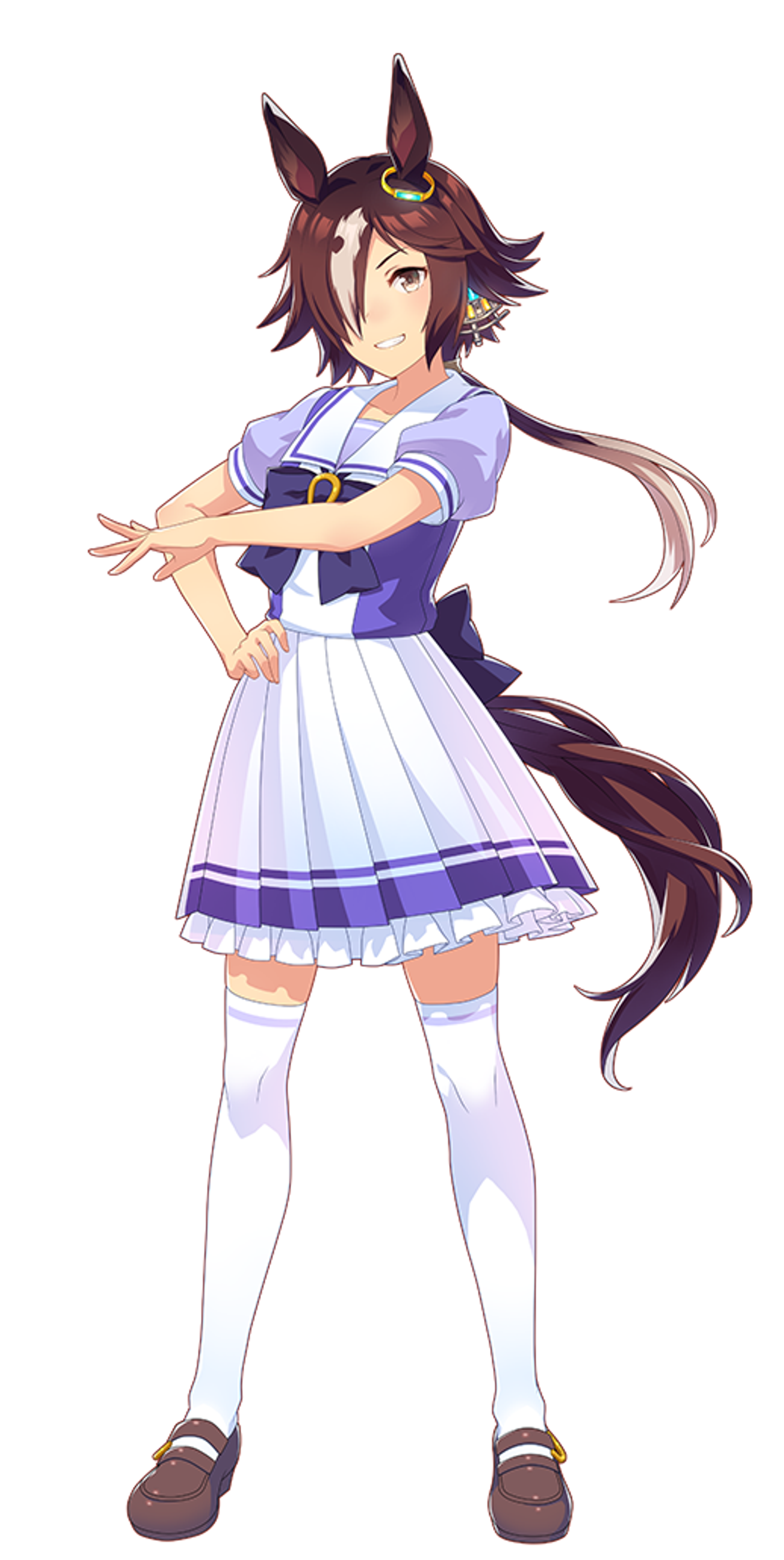 An anime-style character with long purple hair and a white and purple dress, with a determined expression.