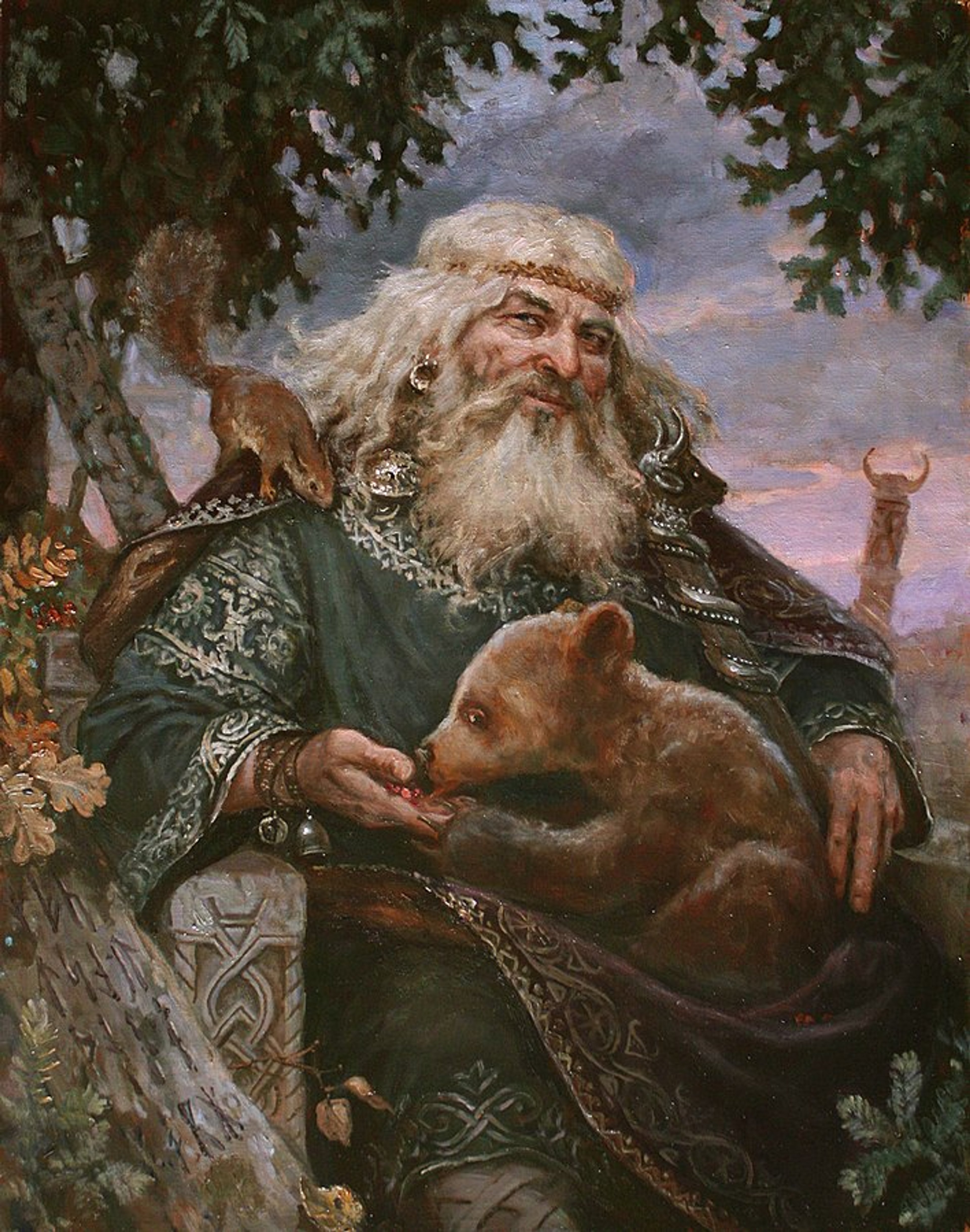 An elderly man with a long white beard and hair, wearing a green cloak, seated in a natural setting and holding a small animal.