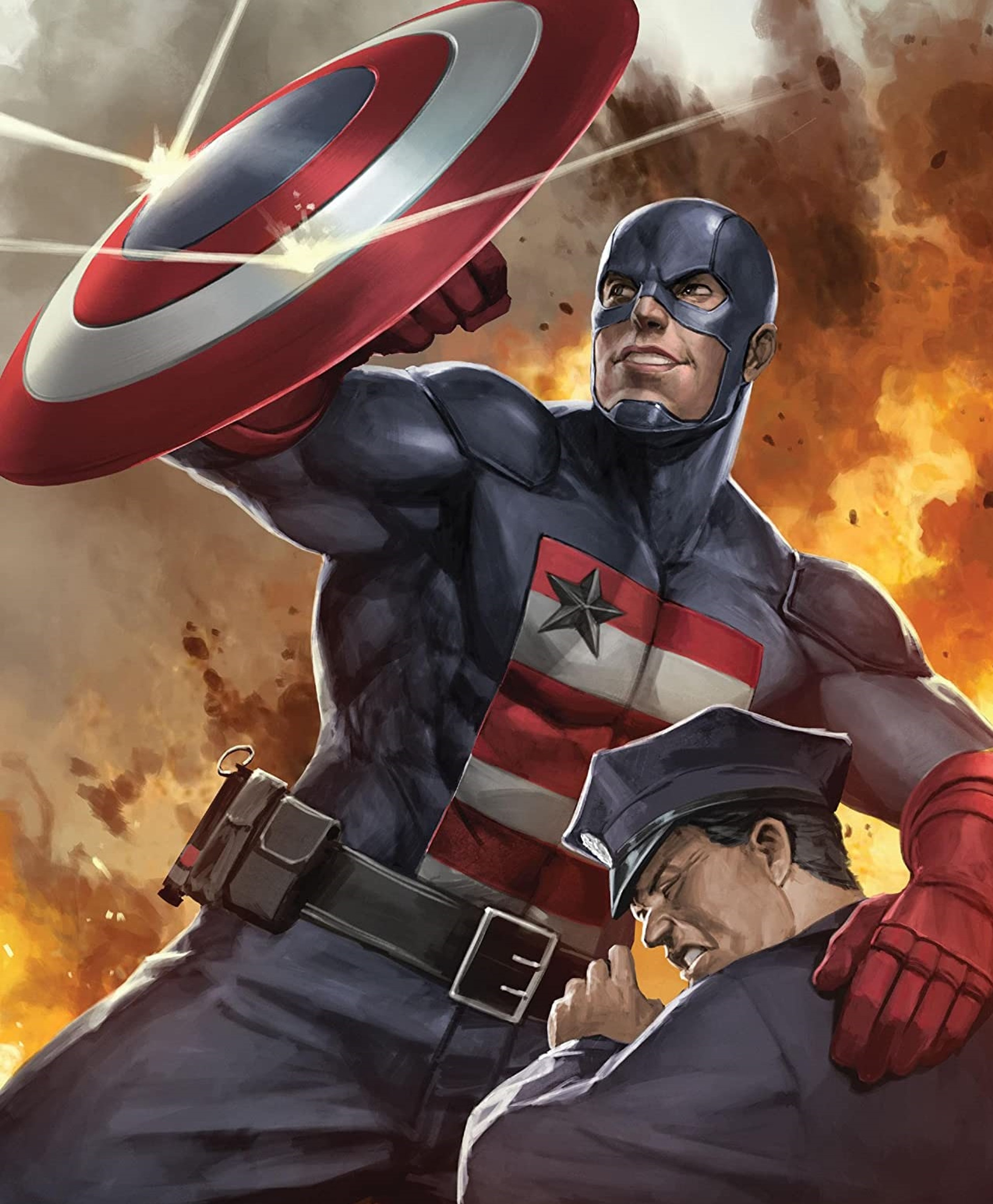 A muscular superhero character in a black and red costume holding a large shield in front of an explosive background.
