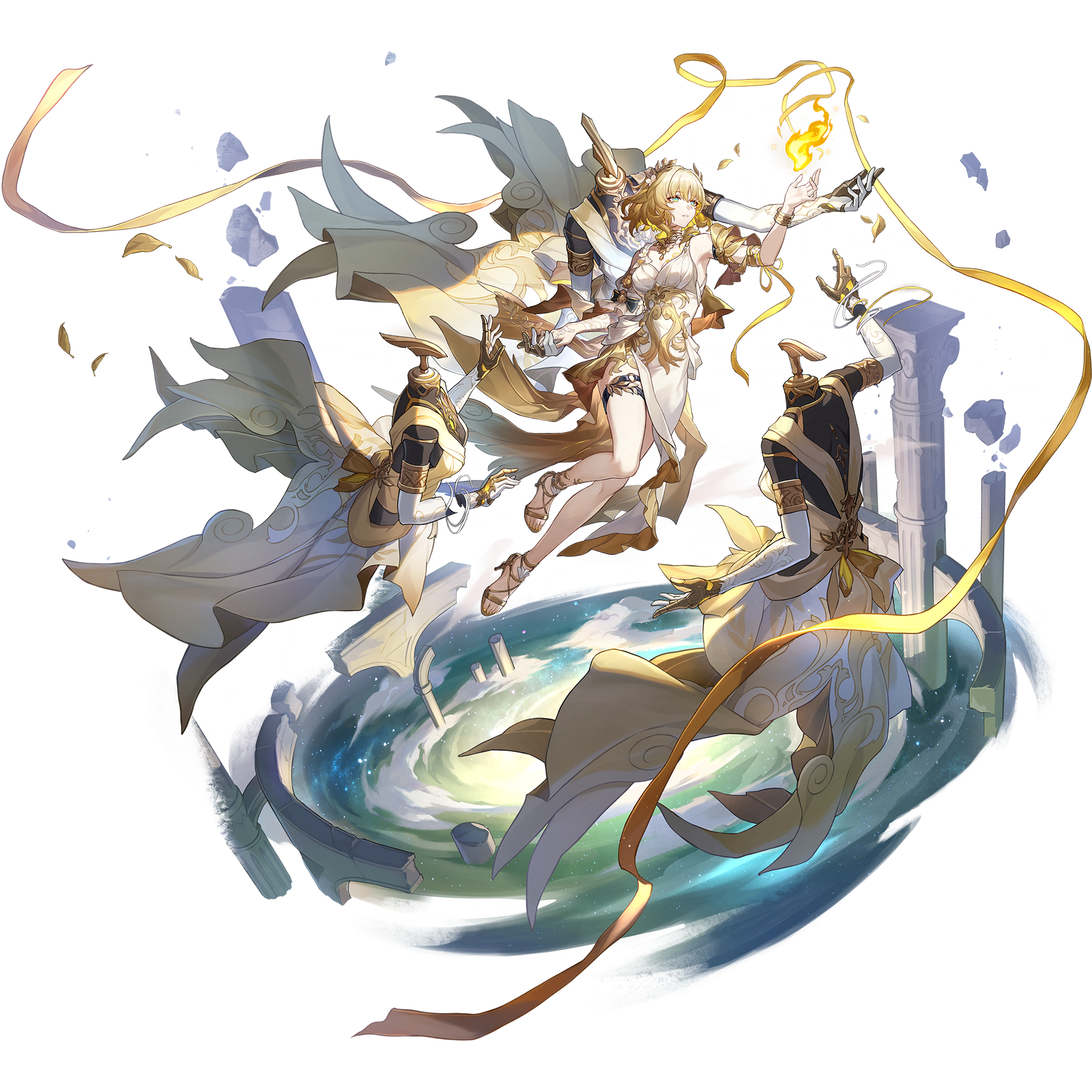 A fantastical female character with golden hair and an ornate, metallic dress, surrounded by glowing energy.