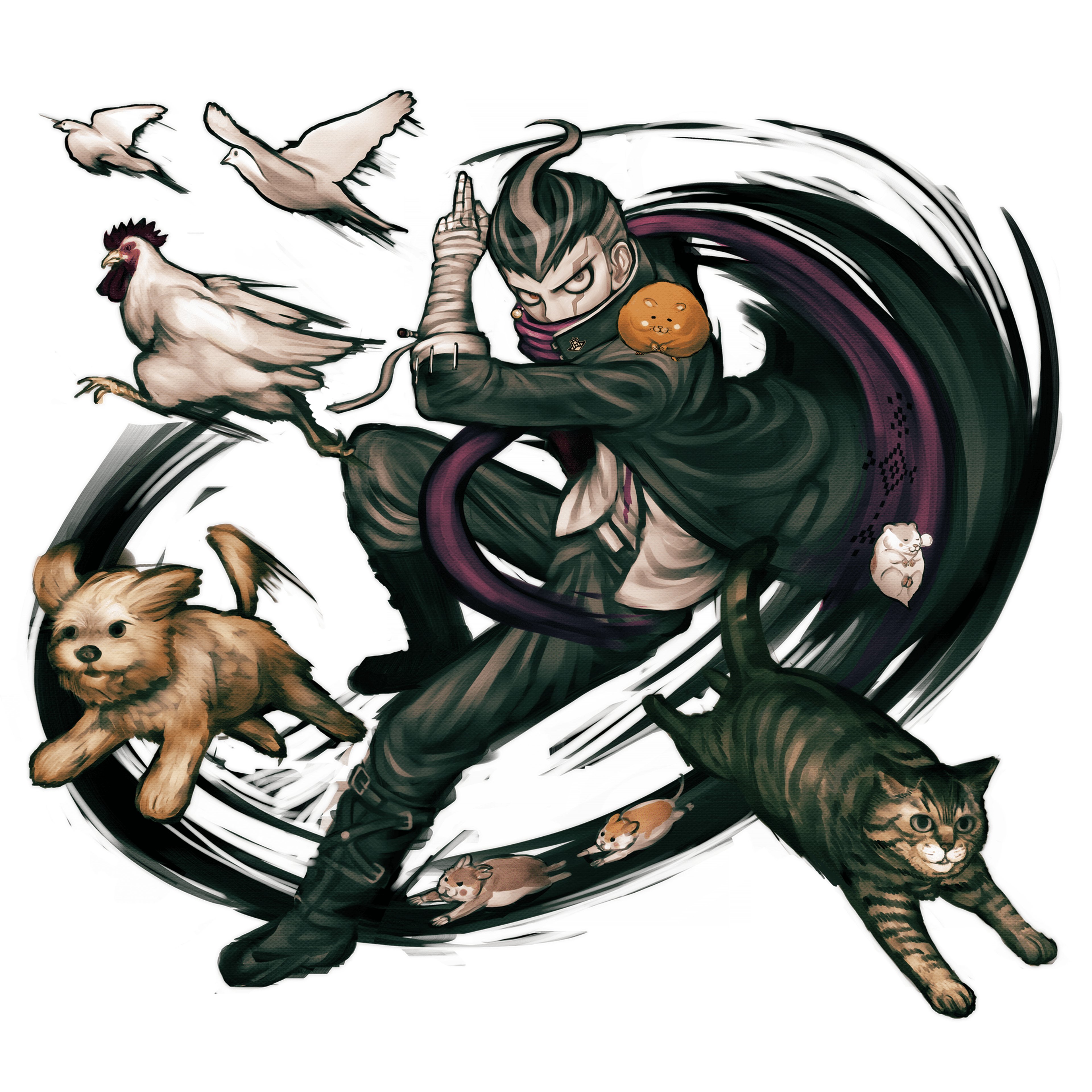 Gundham was raised by his single mother, who encouraged his passion for animals and the occult from a young age.,As a child, Gundham discovered he possessed a unique ability to communicate with and control animals, earning him the title of 'Ultimate Breeder'.,Gundham's eccentricities and dark persona were likely influenced by his mother's own interest in the supernatural and her desire to shield him from the cruelties of the world.,Though he appears aloof and antisocial, Gundham deeply values his friendships and goes to great lengths to protect his classmates, even at the risk of his own life.,Gundham has an extensive menagerie of exotic pets, including his beloved 'Four Dark Devas of Destruction' - a group of four hamsters that he considers his most trusted companions.